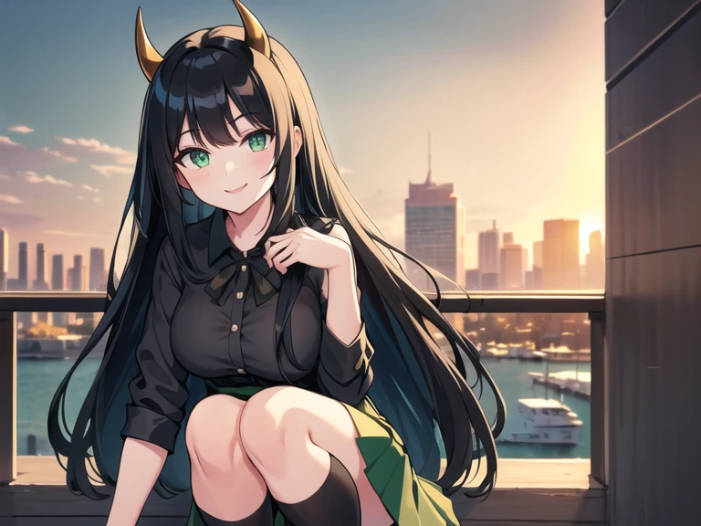 Best quality, 1girl, long black hair, green eyes, wearing short green skirt, Black horns, city, high res, ultrasharp, 4K, masterpiece, looking at viewer, smile