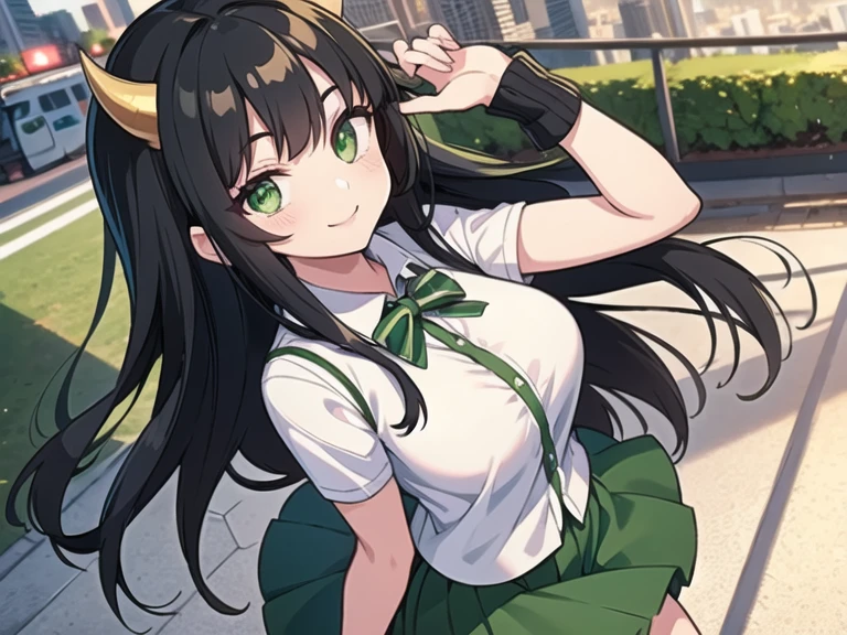 Best quality, 1girl, long black hair, green eyes, wearing short green skirt, Black horns, city, high res, ultrasharp, 4K, masterpiece, looking at viewer, smile