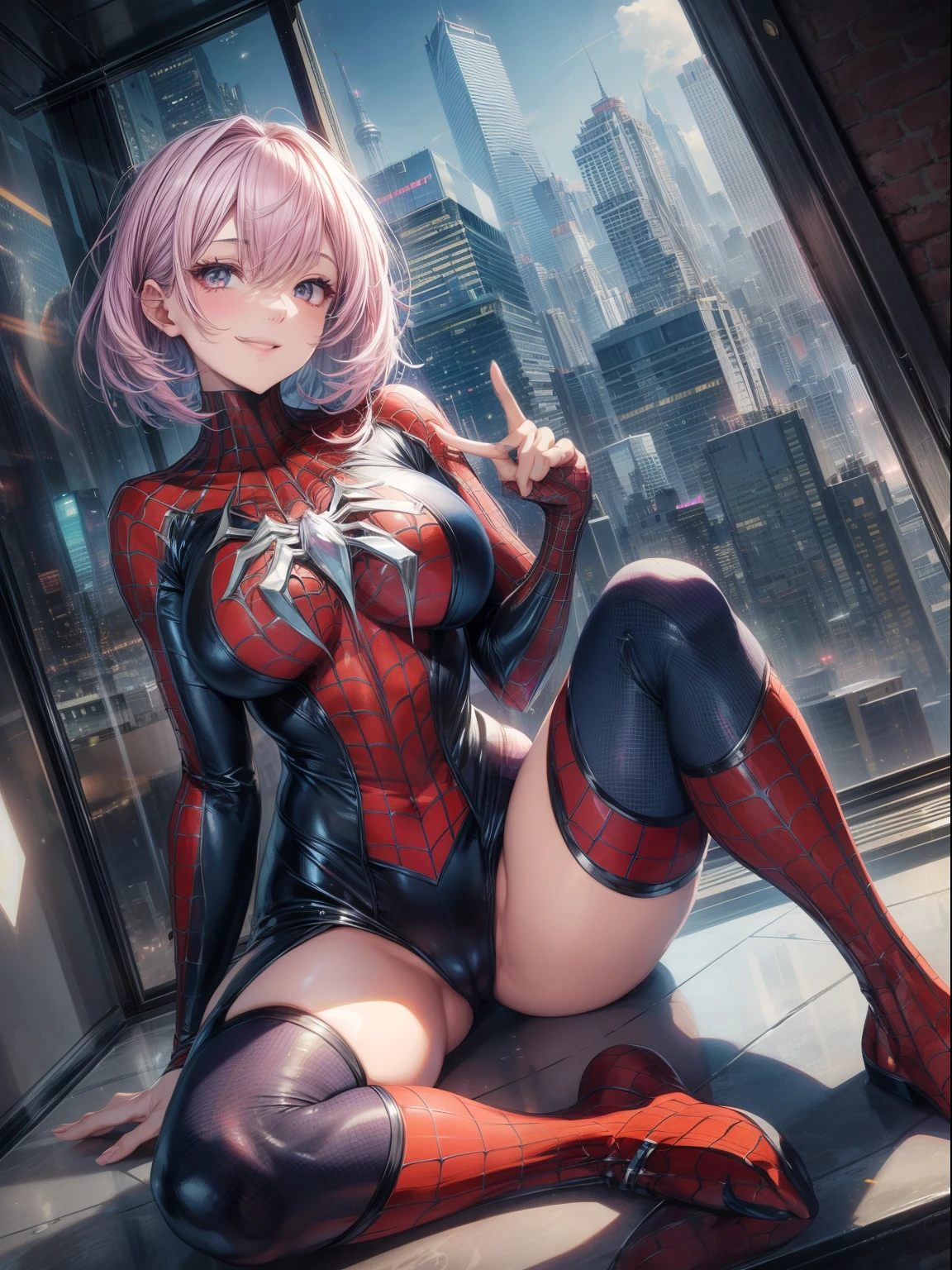 top-quality、Full limbs、complete fingers、one beautiful women、Beautiful Large Breasts、Medium Hair、Pink hair、spiderman full body costume、night skyscraper、Naughty Poses、A big smile、sitting on