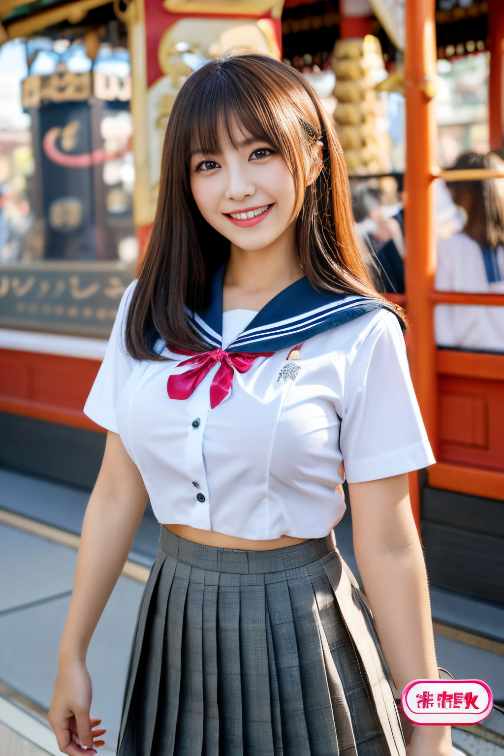 (Best Quality,8K,High resolution:1.2),(Beautiful realistic Japan person:1.6)、(cute Japanese girls:1.4),(Huge breasts:1.25),(Glamorous body),(School uniform,bra very,Pleated skirt,Sailor collar,white shirt:1.2)、17 age、Professional、(My dear woman、Joy of Loving、Heartbeat in the chest)、Happy、An amusement park、smile、