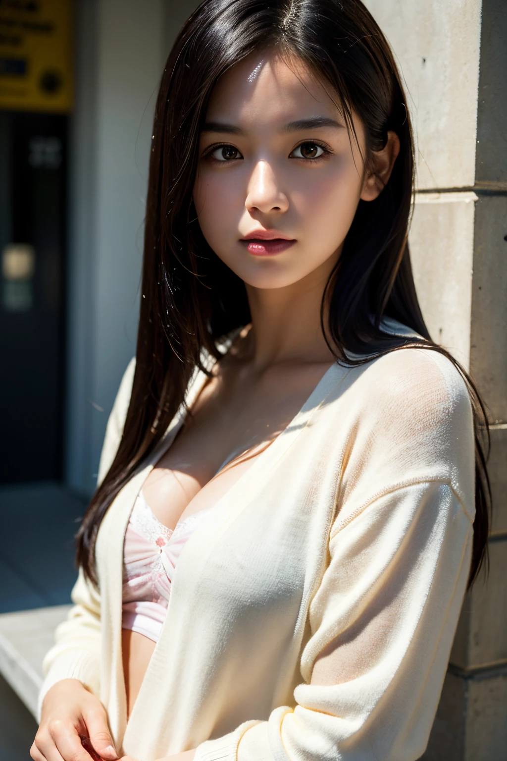 masterpiece, bestquality, ultra-high resolution (Realism: 1.4), Original photo, 35mm lens., F1 aperture.4, Movie Poster, light and shadow, a girl, In White Cardigan, Long black hair, real skin, (skin details: 1.3),