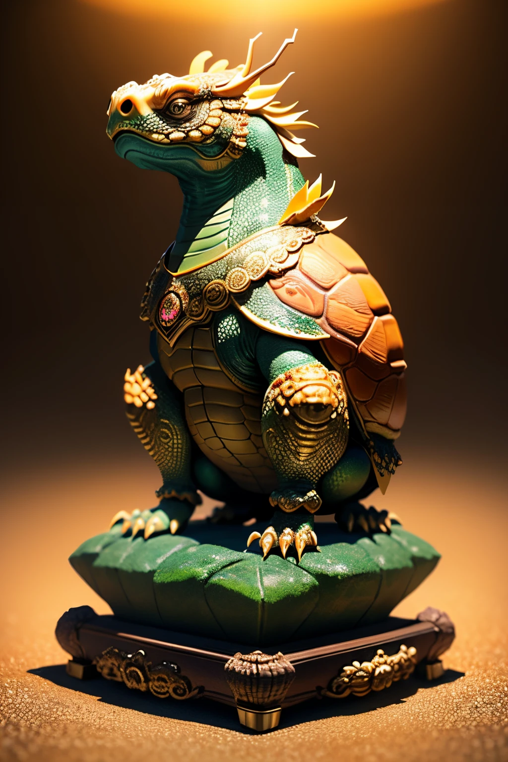 Best quality，tmasterpiece，超高分辨率，1（long：1.2），（finely：1.2），golden turtle，Turtle-shell dragon-headed monster，Chinese totem tortoise shell，chineseidol，Ancient divine beasts，There is a base，（The texture is very real：1.2），（Glowing colorful tortoise shell：1.2），（Real details：1.2），（[the street|Lateral face]：1.1），HighDynamicRange，Ultra-detailed 3D modeling，