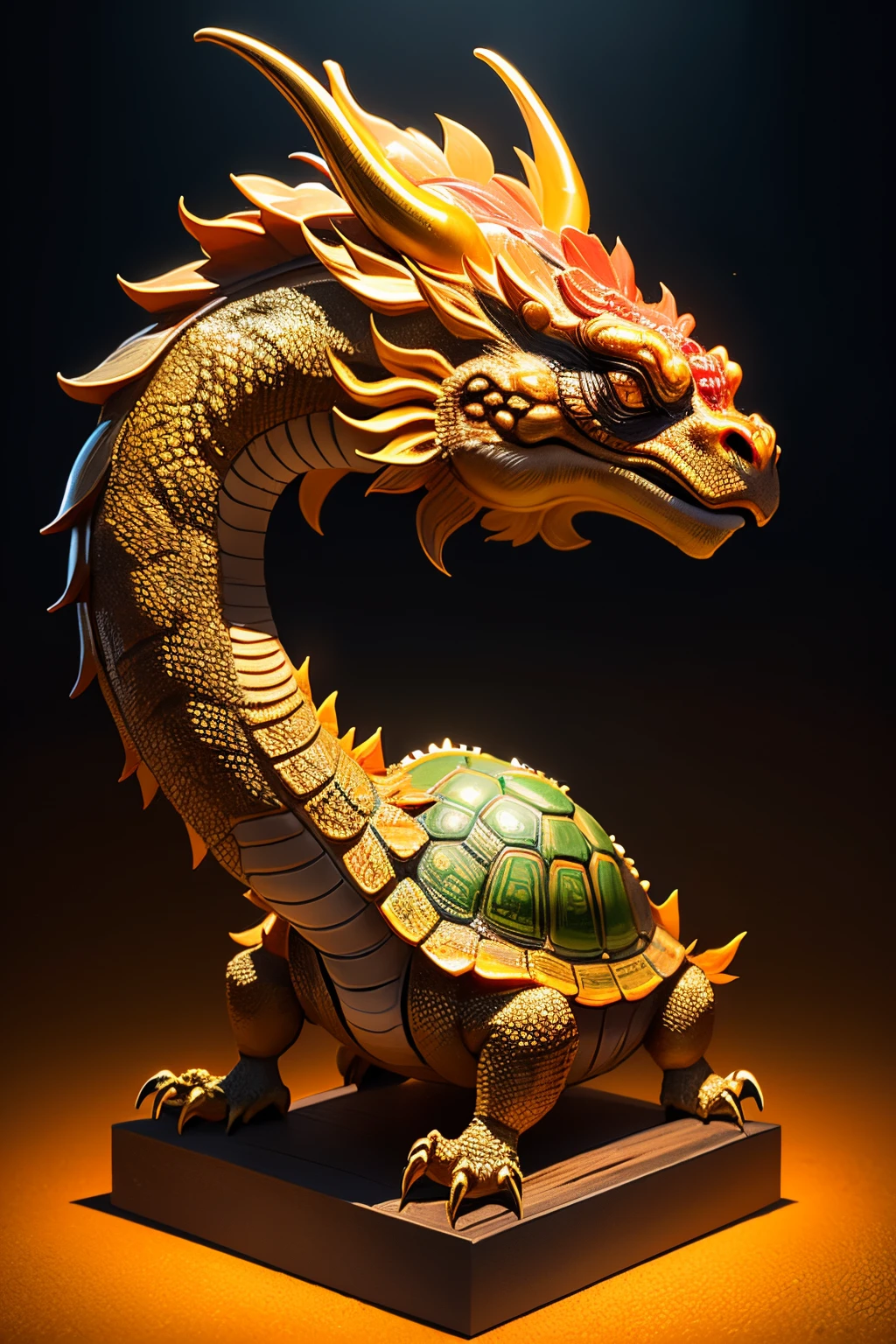 Best quality，tmasterpiece，超高分辨率，1（long：1.2），（finely：1.2），golden turtle，Turtle-shell dragon-headed monster，Chinese totem tortoise shell，chineseidol，Ancient divine beasts，There is a base，（The texture is very real：1.2），（Glowing colorful tortoise shell：1.2），（Real details：1.2），（[the street|Lateral face]：1.1），HighDynamicRange，Ultra-detailed 3D modeling，