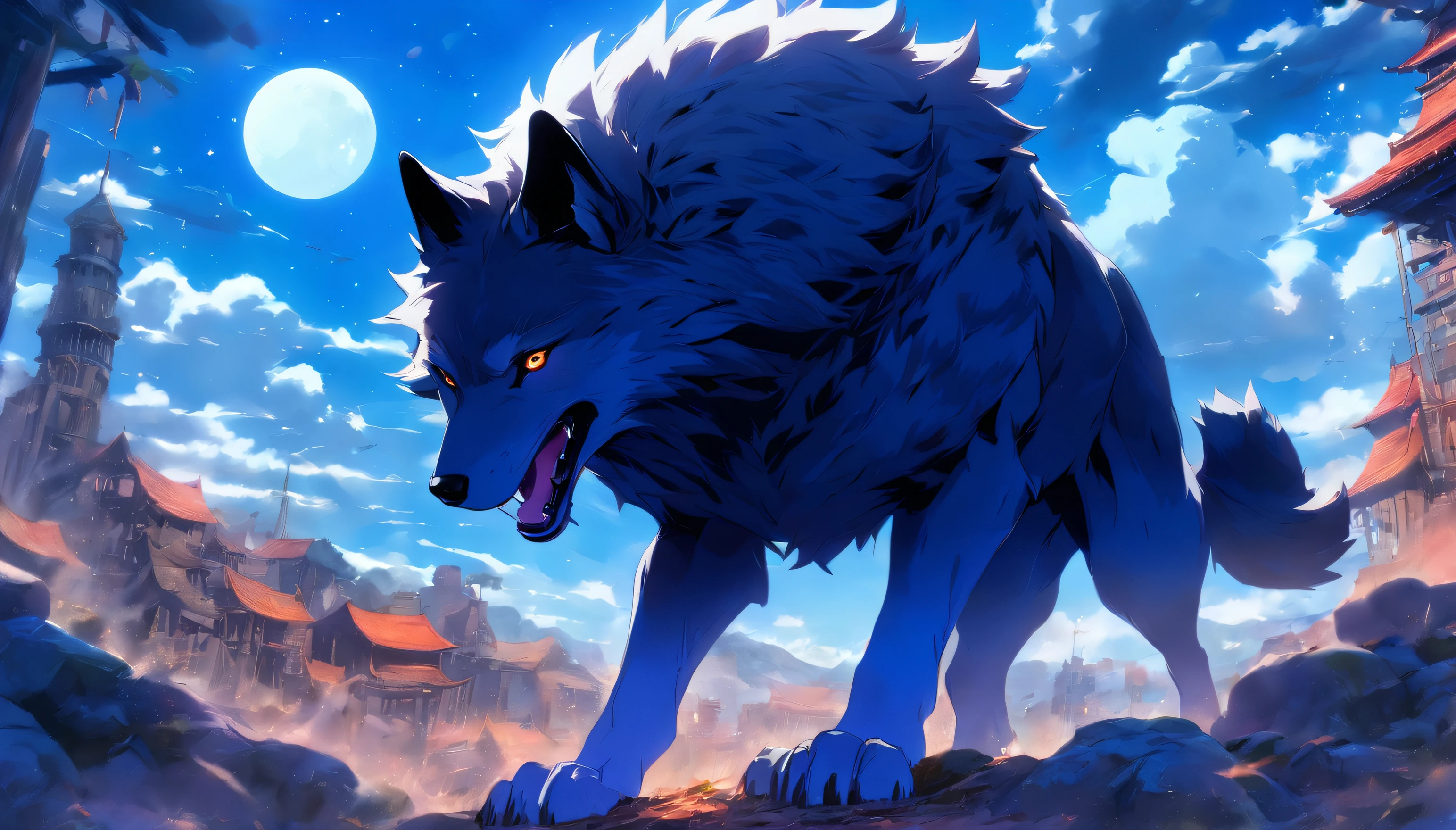 A wolf stands under a blue sky,Back shadow,Solitude,It is surrounded by ruins,In the distance there is the remains of a metal sphere ten kilometers in diameter,Cold wind blows,gale,dark blue theme,furry,Orc symbaroum