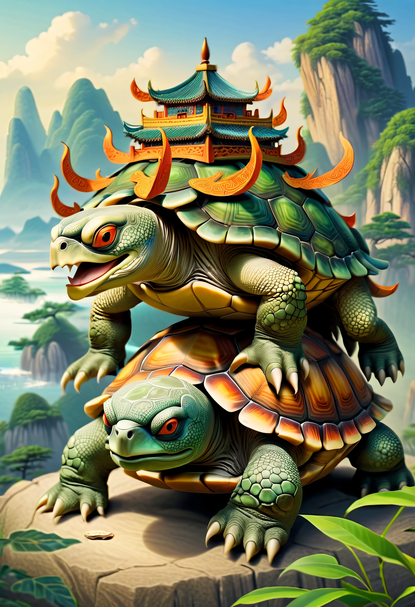 Best quality，tmasterpiece，超高分辨率，1（long：1.2），（finely：1.2），Turtles，Turtle-shell dragon-headed monster，Tortoise shell with Chinese totem，Chinese style，Ancient divine beasts，（The texture is real：1.2），（Glowing colorful tortoise shell：1.2），（Authentic details：1.2），（[street frontage|Lateral face]：1.1），HighDynamicRange，