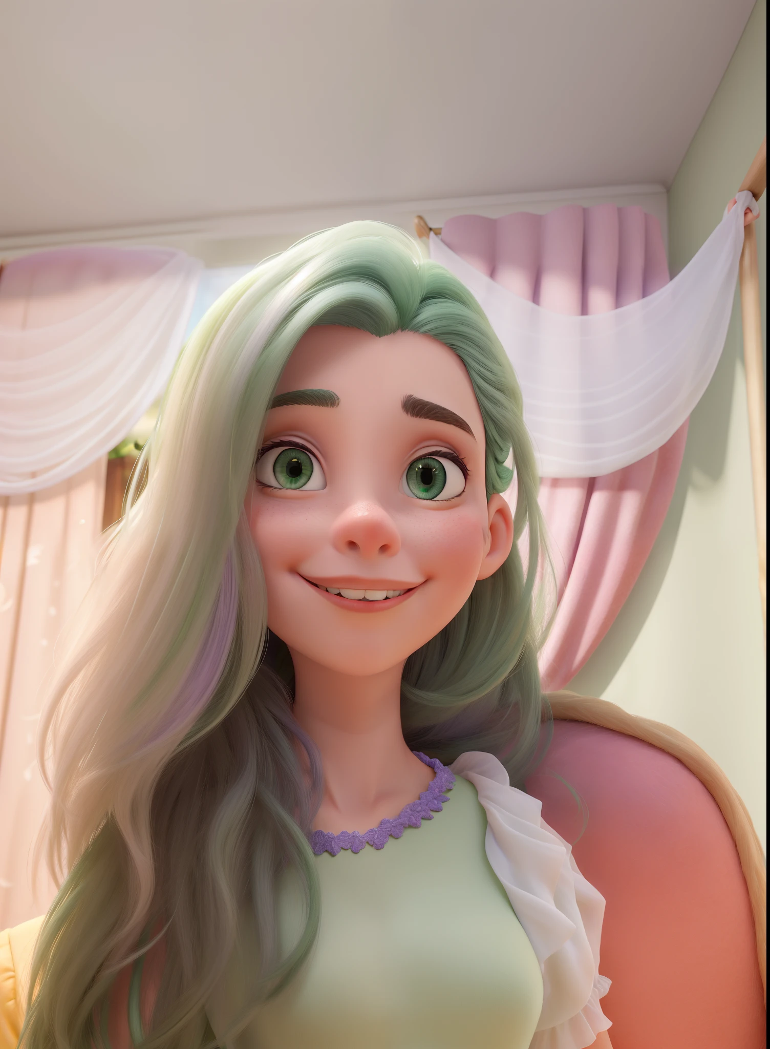 Obra-prima, de melhor qualidade, uma jovem loira com olhos verdes e cabelo longo, lilac dress.
