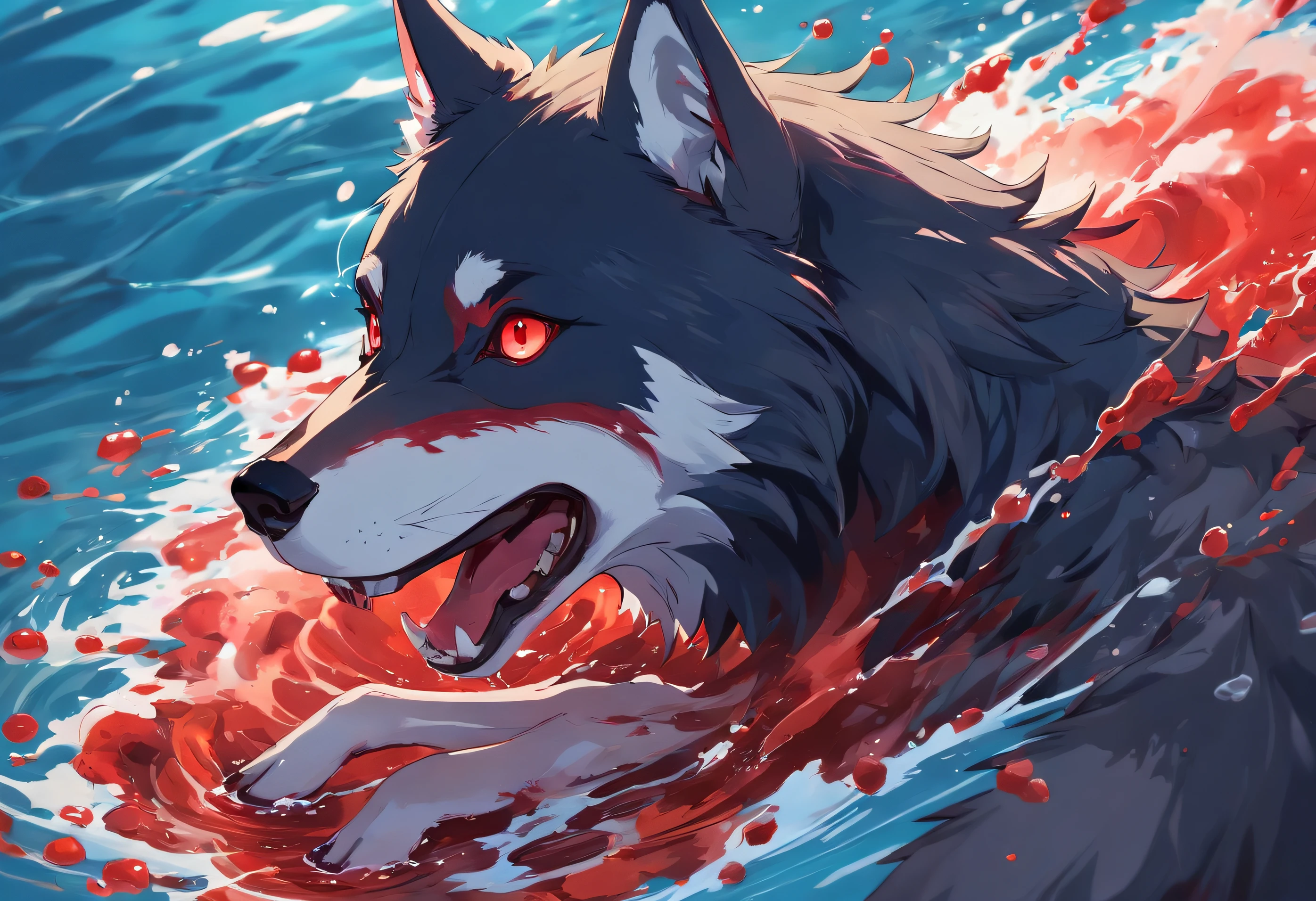 A wolf with black hair and blood red eyes with its pool foaming blood