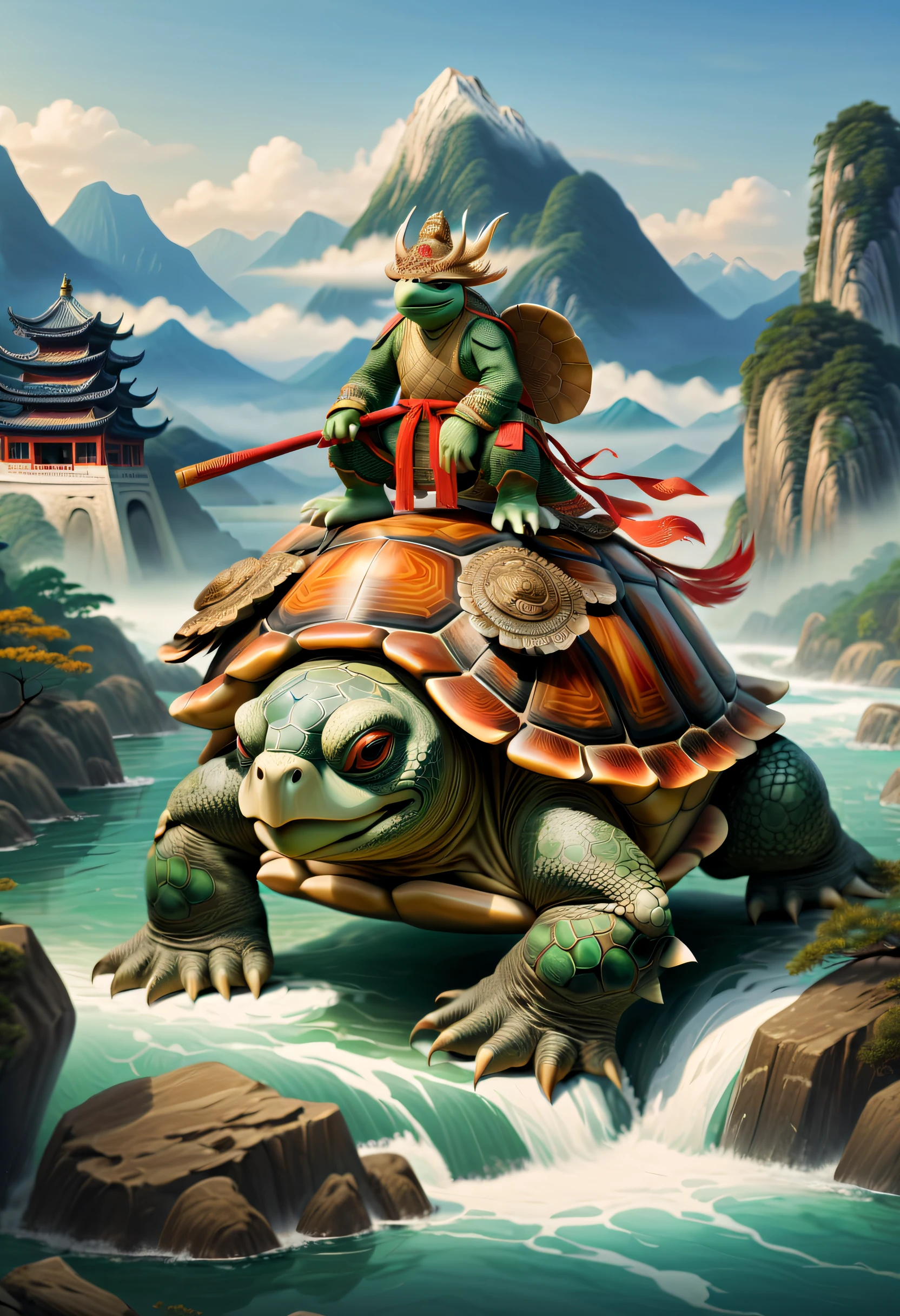 1 turtle,Turtle-shell dragon-headed monster,Tortoise shell with Chinese totem,Chinese style,Ancient divine beasts,Mountain and river background