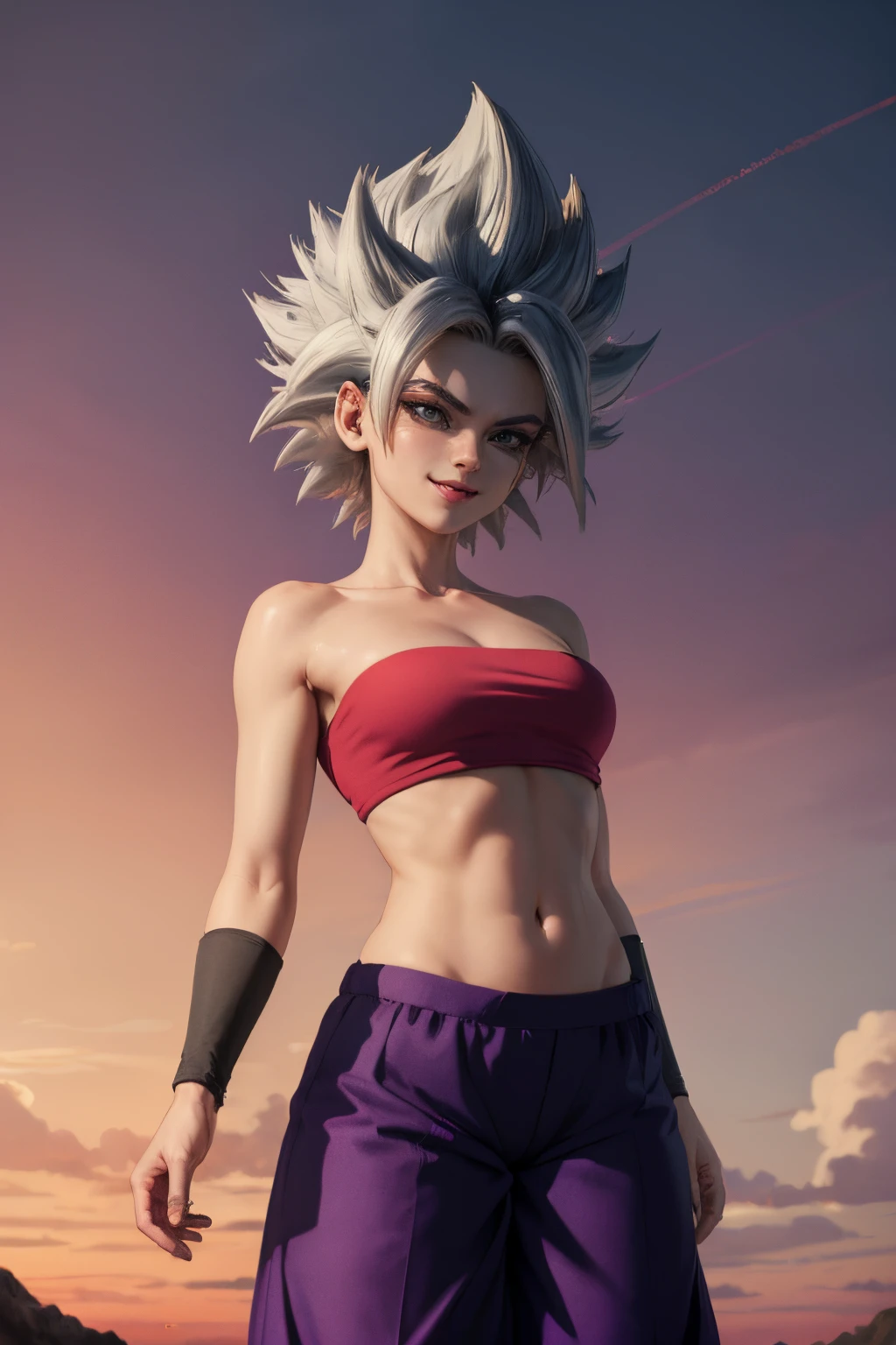 masterpiece, best quality, ssjcaulifla, white hair, water eyes, tube top, (purple pants with yellow stripe:1.2), armbands, cowboy shot, looking at the sky , smile, furrowed eyebrow, making OK with hand, red sky, black clouds