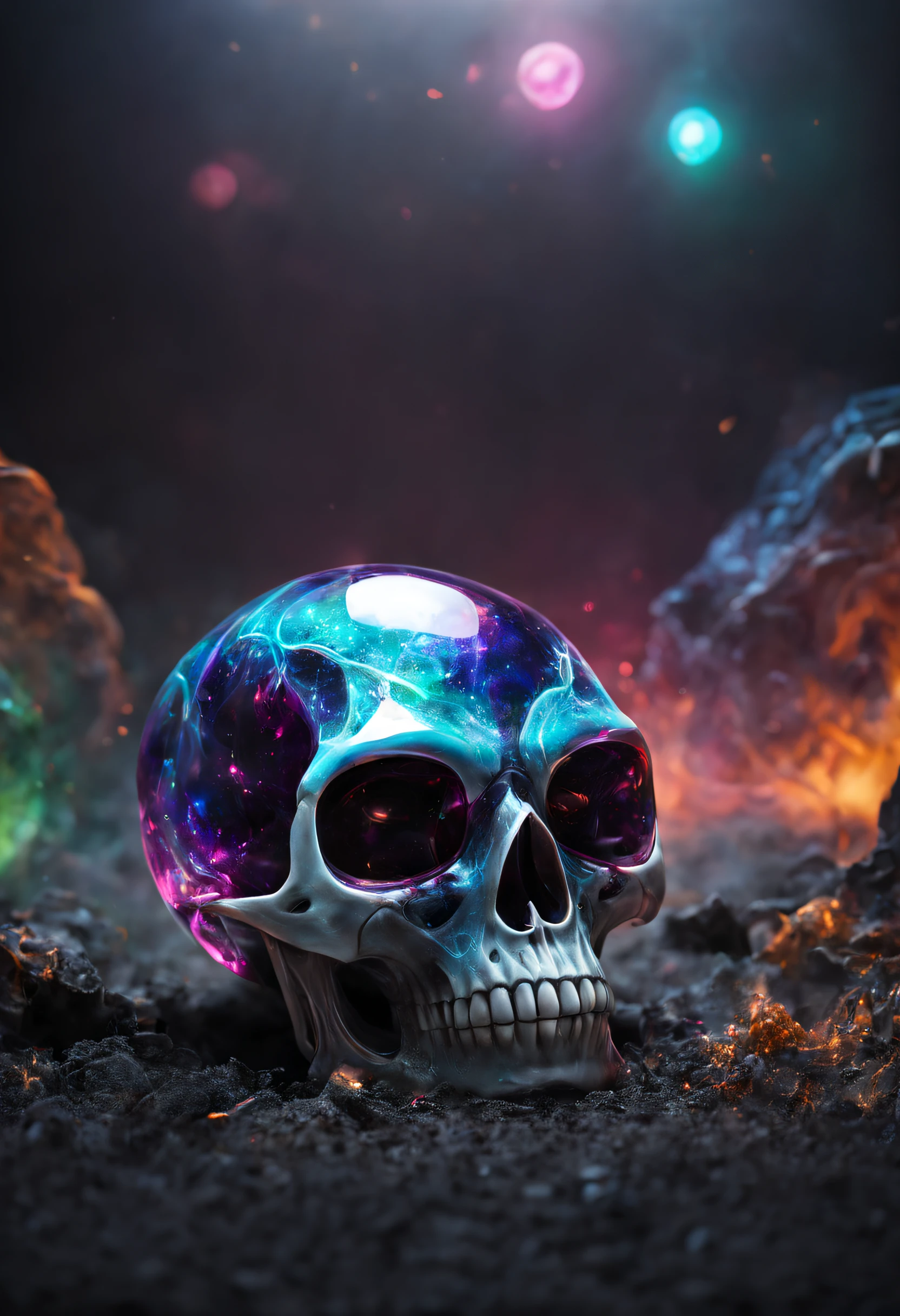 A realistic colored glass alien skull, beautiful and detailed. Which explodes when falling to the ground, the projections are textured like lot of colorful dreaming dust