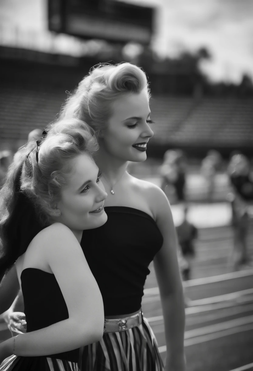 Best quality, masterpiece, ultra high res black and white, (photorealistic: 1.4), raw photo, 2girl, enjoying each others company, 17 year olds, 1950s style microcheerleading outfits, cinematic lighting, holding hands, huge outdoor US highschool stadium background