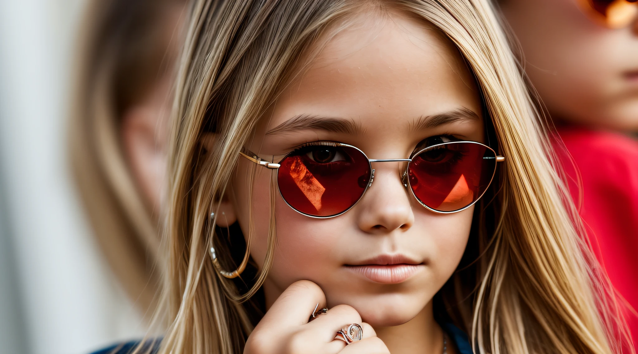 RING ON FIRE, RING OF FIRE, KIDS GIRLS BLONDE LONG HAIR CLOSE UP, DARK GLASSES.