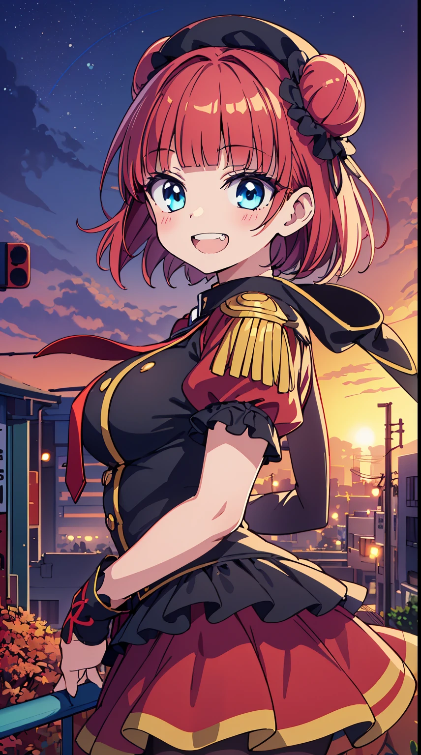 (Absurd realistic structure details),(High resolution complex and detailed text quality),(High-resolution microstructure、High poly 3 boobs boobs boobs boobs D rendering correction),Methods of geometry,Careful explanatory anatomy,
BREAK,
1 beautiful girl, ( girl), 1 beautiful girl, (Cute:1.5), (Chibi: 0.8), (kawaii: 1.5), (Lori: 0.5), (17 years oldK(Red hair, short-hair,2 hair buns,Blunt bangs:1.4),(:D,grin:1.3),{Heterochromia,pale blue eyes,pale green eyes, Eye Highlights,The first hyperfine stars:1.5},star eye silhouette,(long eyelashes, Double eyelids:1.2),(de pele branca),BREAK,Clear skin,Beautiful skin, ,(best quality face),(Top quality glowing eyes),(The best smile,:D:1.45),
BREAK (Black and Gold theme:1.4), ((Gothic Lolita Dress, Black Mili Top):1.3), (black sundress with collar:1.4), (black multilayer skirt with red ruffles:1.4), (Black Peak Cap:1.4), ((Short sleeve, Bishop Sleeve):1.3), ((Gold epaulette, gold aiguilette):1.3), (Black Gloves:1.3), (double breasted dress:1.3), ((Lace, exquisite gold embroidery):1.2), (Dark brown pantyhose:1.3), (military boots with lace up:1.1),
BREAK (Red Theme:1.2), (Red tie:1.4), (red lines on dress:1.2),
BREAK,(Sunset), (There is a picture of a road made of electric wires and poles........, anime countryside landscape, Anime Background Art, Anime landscapes, very detailed illustration.", anime style cityscape, style of makoto shinkai, anime backgrounds, Anime landscapes, in the style of makoto shinkai, painted in anime painter studio:1.3),Waterfall,depth of fields,a closed mouth,(Osaka in Autumn:1.55), blush, bottles, (Look back:0.6), (Sexy Pose:1.2), (tilt head:1.1),
BREAK, (Dynamic Angle,from the front side:1.2), wakame,wakame,wakame,
BREAK,(Blurry background:1.3),(absurderes, hight resolution, Super Detail Art),cel shading,Clear Color, Lonely optical effect, Beautiful pictures, Bright glow, mystic atmosphere,(Close-up of girl:1.1), (Bright glow, Light particle effect, light leaks, Aerial effects:1.1), clean line drawings,Clear Color, Beautiful pictures,