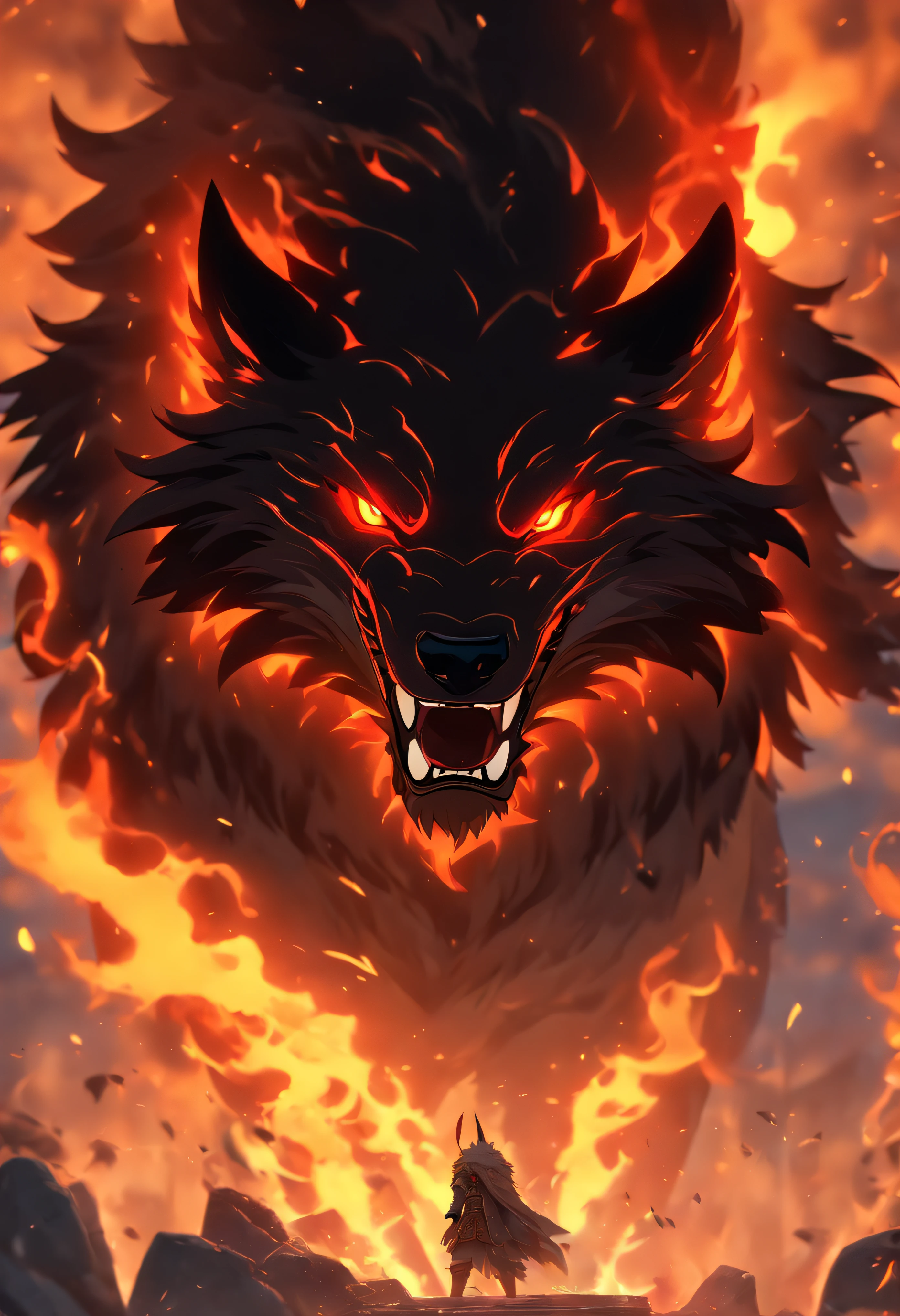 Best Quality, High resolution, 4K Detail CG, master piece, Fenrir, Giant Wolf, Ragnarok, wolf, Correntes, angry expressions, Palace of Chamas, , fire, Fog, Norse mythology, vikings, beautiful aesthetic, beautiful image, Centralized NA Fabric