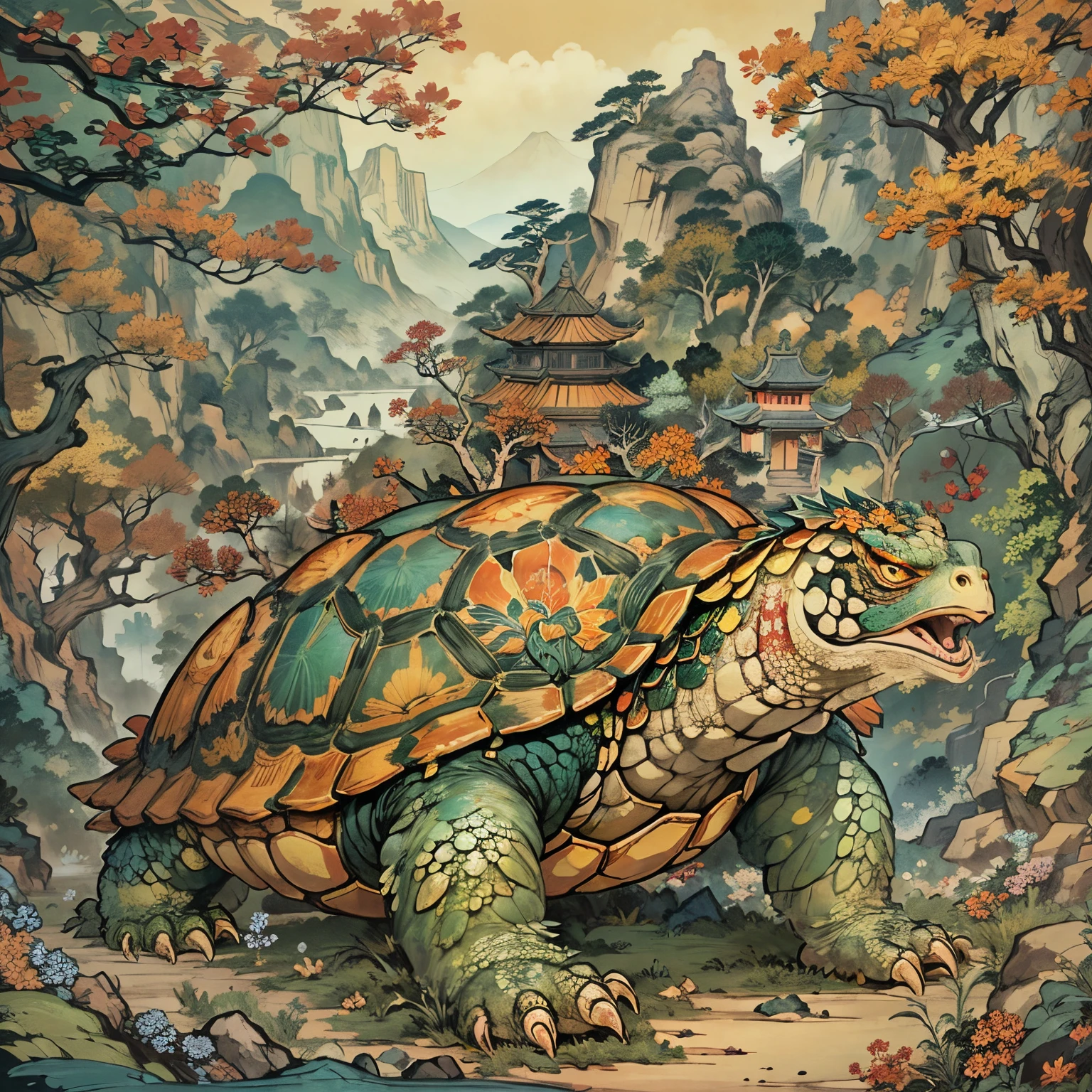 Mountain and Sea Sutra，Great Wilderness East Meridian，Ancient legends，oriental mythology，Colorful magic，Turtlen，Turtle-shell dragon-headed monster，Chinese totem tortoise shell，Chinese，Ancient divine beasts，（The texture is very real：1.2），（Glowing colorful tortoise shell：1.2），（Real details：1.2），（[Street|Lateral face]：1.1），HighDynamicRange，the ultra-detailed