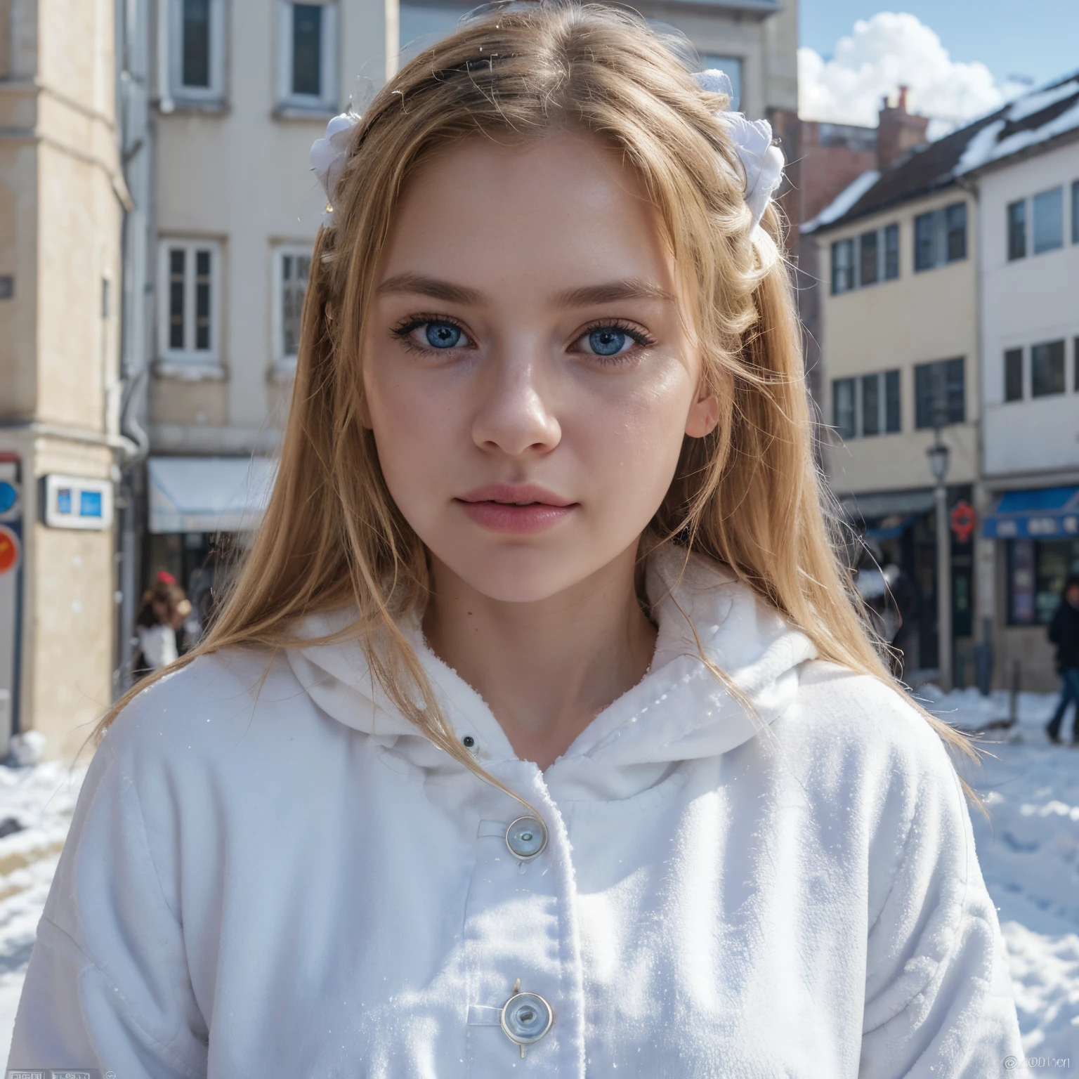(realistic, photo-realistic:1.4),(8k, RAW photo, best quality, masterpiece:1.2), cute, ultra-detailed,heart-shaped pupils, physically-based rendering, ultra high res, kodakvision color, shot on Arricam LT Camera, bokeh, sharp focus, looking at viewer, photorealistic,realistic, solo, photorealistic, best quality,extremely detailed face,extremely detailed eyes and face, (blond girl,) clear eyes, beautiful detailed eyes,absurdres, incredibly absurdres,haunting smile,Messy hair, floating hair, round blue big eyes, clear big eyes, moist red lips, sweet, blue sky and white clouds, sunshine,Top Fashion, ((White Plush Coat)), (Snow: 1.5, Walking Street, Winter City),