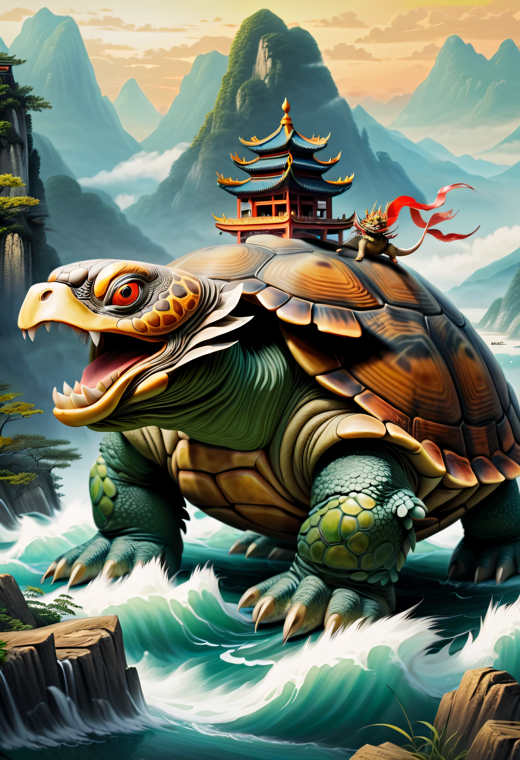 1 turtle,Turtle-shell dragon-headed monster,Tortoise shell with Chinese totem,Chinese style,Ancient divine beasts,Mountain and river background