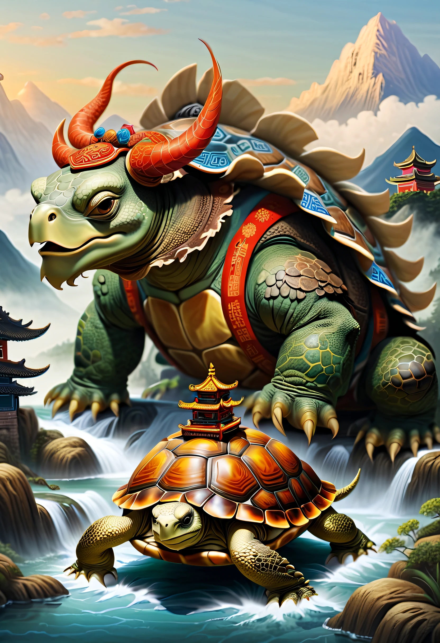 1 turtle,Turtle-shell dragon-headed monster,Tortoise shell with Chinese totem,Chinese style,Ancient divine beasts,Mountain and river background