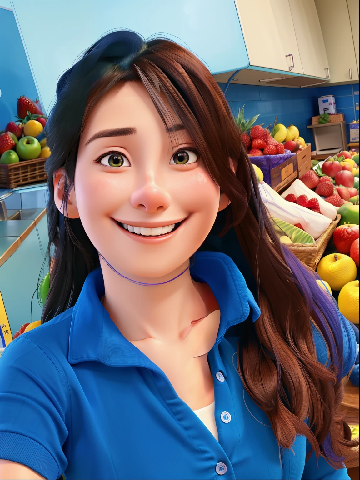 smiling woman in blue shirt standing in front of a counter full of fruit, 2 , 2 9 years old2 8 years old, 38 years ars old, jen zee, 3 2 years os old woman, 3 0 years o5 years old, 3 5 years old