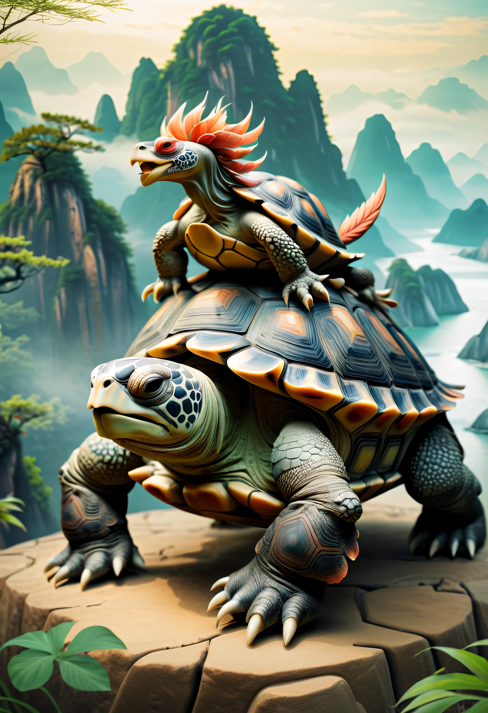 1 turtle,Turtle-shell dragon-headed monster,Chinese totem tortoise shell,Chinese,Ancient divine beasts,Landscape background