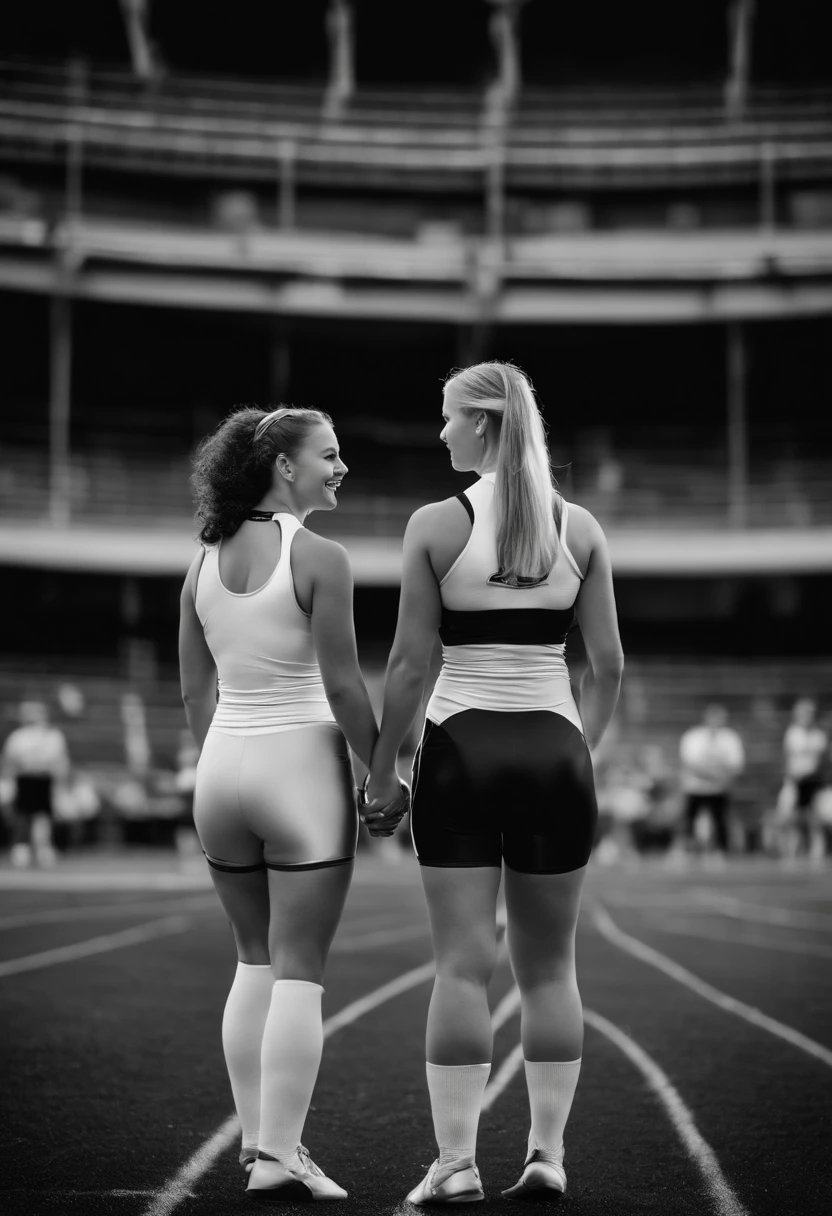 Best quality, masterpiece, ultra high res black and white, (photorealistic: 1.4), raw photo, 2girl, one girl short and curvy and athletic with very small waist, one girl tall and skinny and athletic, black and white, enjoying each others company, 16 year olds, 1950s style microcheerleading outfits, cinematic lighting, holding hands, outdoor US highschool stadium background