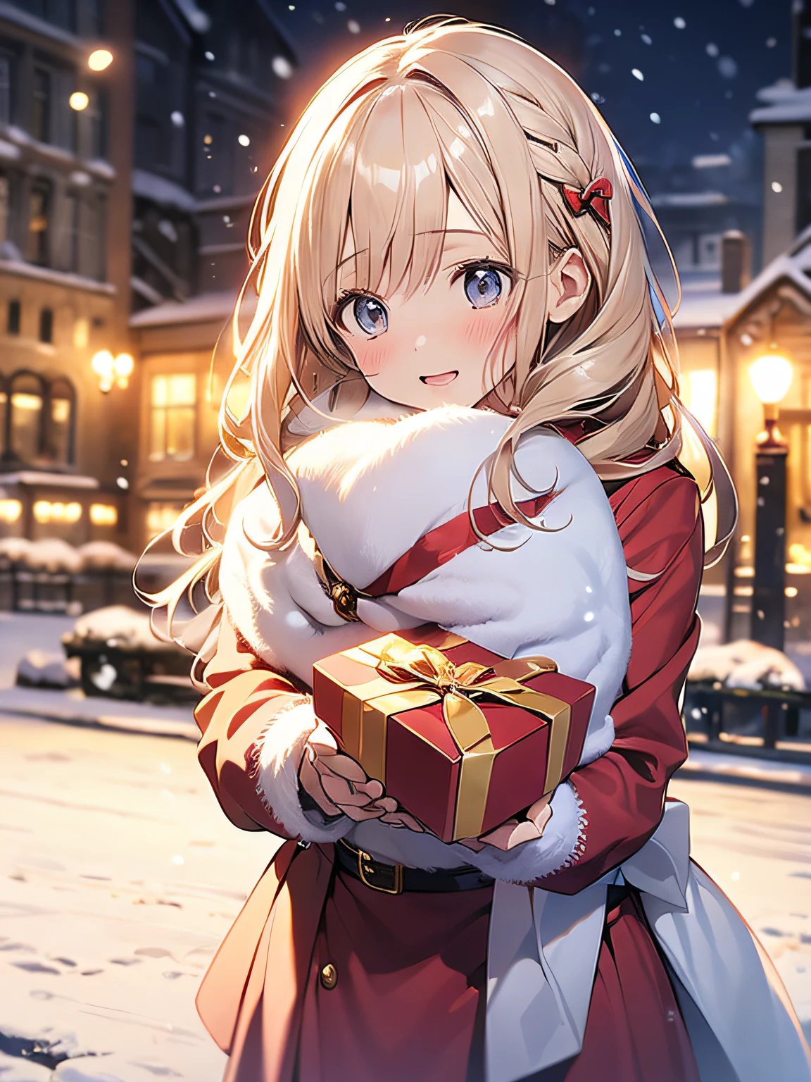 in 8K、top-quality、​masterpiece、ultra-detailliert、Ultra-high resolution、1 persons、17 years old girl、It's snowing、nightcity、a blond、santa costume、deliver a present