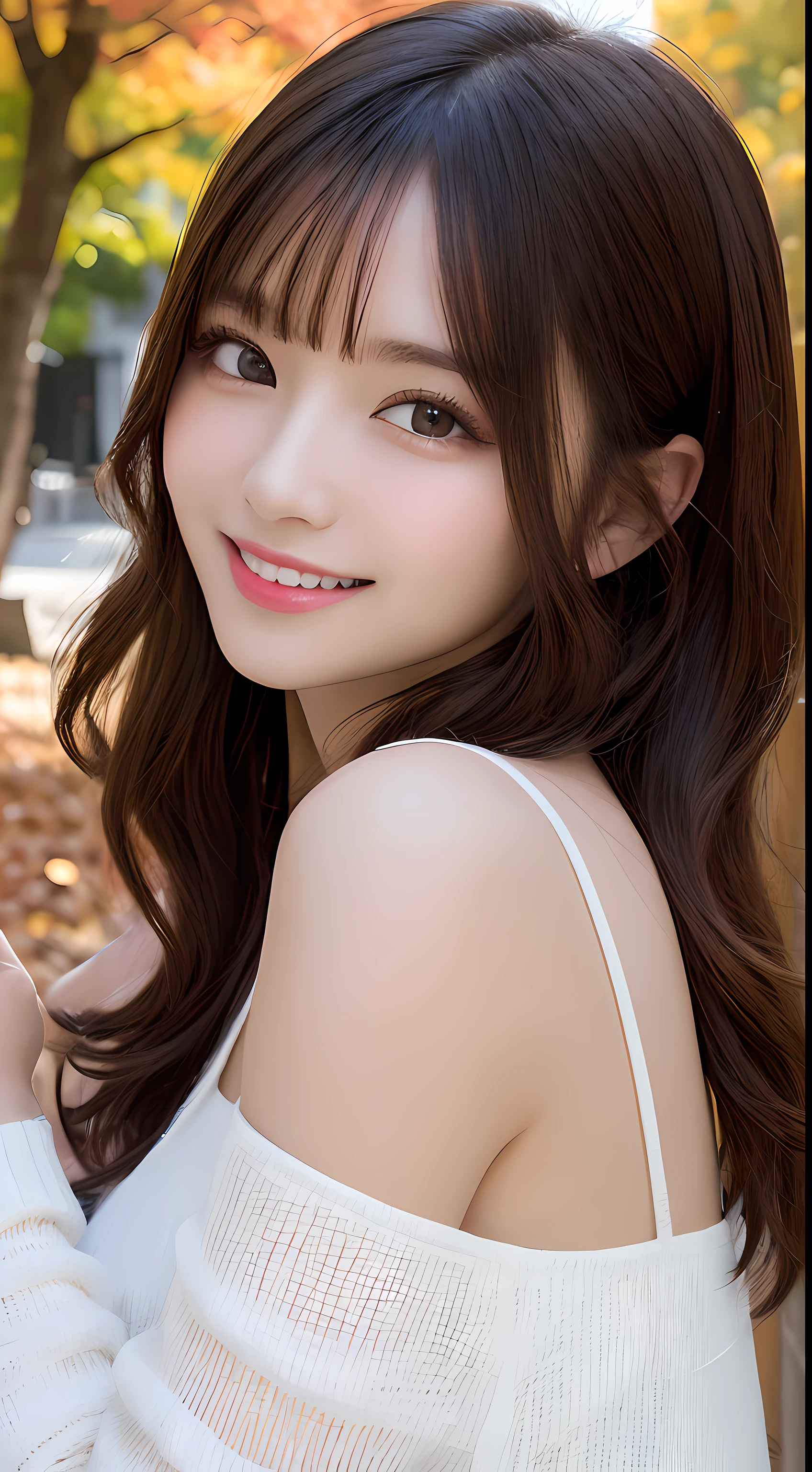 masutepiece, Best Quality, Illustration, Ultra-detailed, finely detail, hight resolution, 8K Wallpaper, Perfect dynamic composition, Beautiful detailed eyes, Autumn Women's Fashion,waved hair,small tits、Natural Color Lip, Bold sexy poses,Smile,Harajuku、20 years girl、Cute、Sexy shot looking at camera