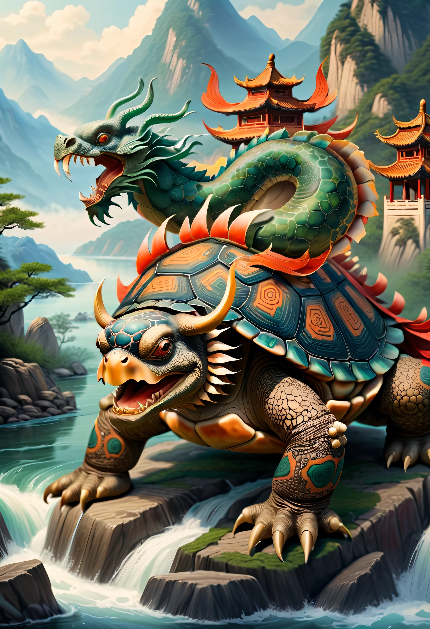 Turtles，Turtle-shell dragon-headed monster，Tortoise shell with Chinese totem，Chinese style，Ancient divine beasts，Mountain and river background