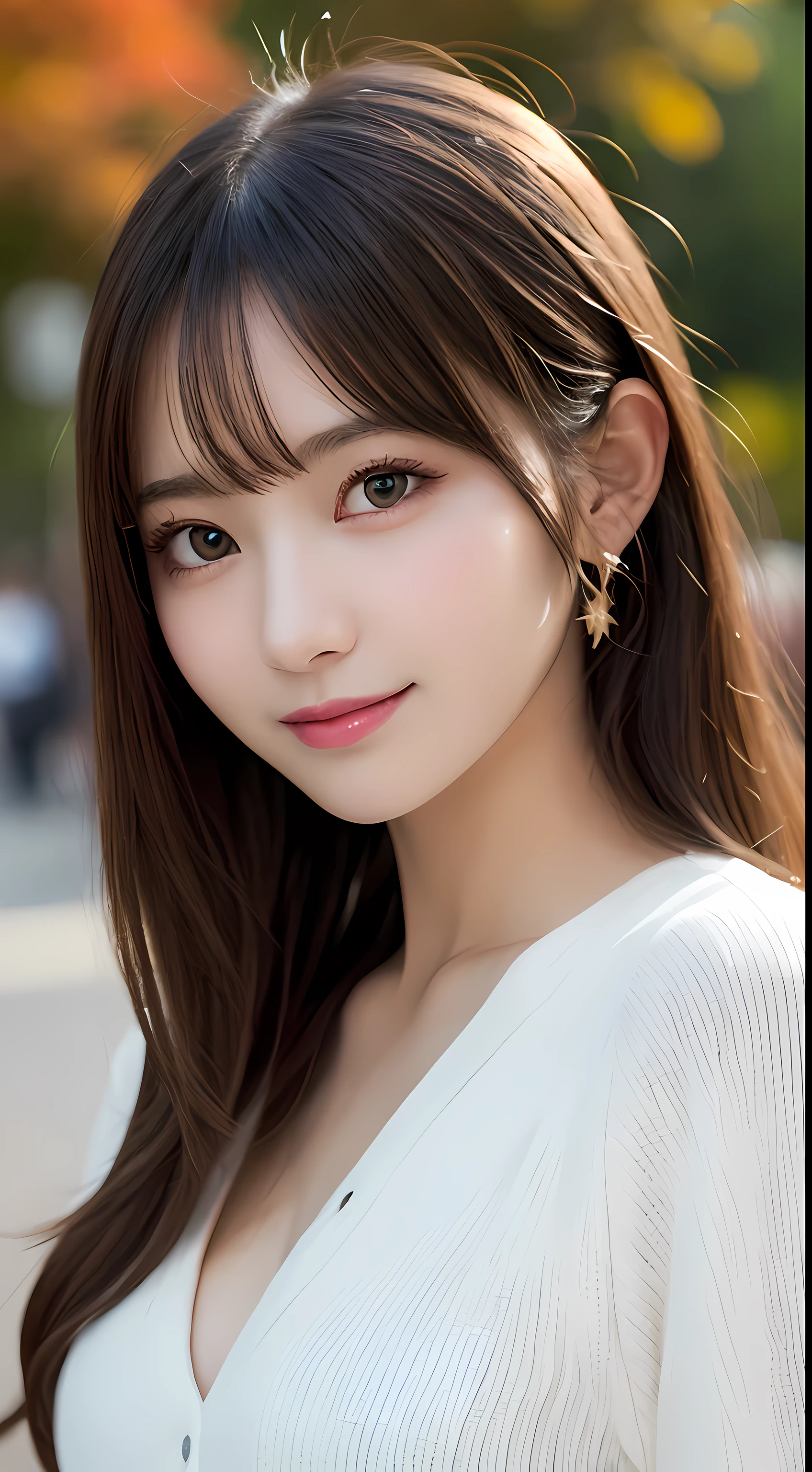 masutepiece, Best Quality, Illustration, Ultra-detailed, finely detail, hight resolution, 8K Wallpaper, Perfect dynamic composition, Beautiful detailed eyes, Autumn Women's Fashion,waved hair,small tits、Natural Color Lip, Bold sexy poses,Smile,Harajuku、20 years girl、Cute、Sexy shot looking at camera