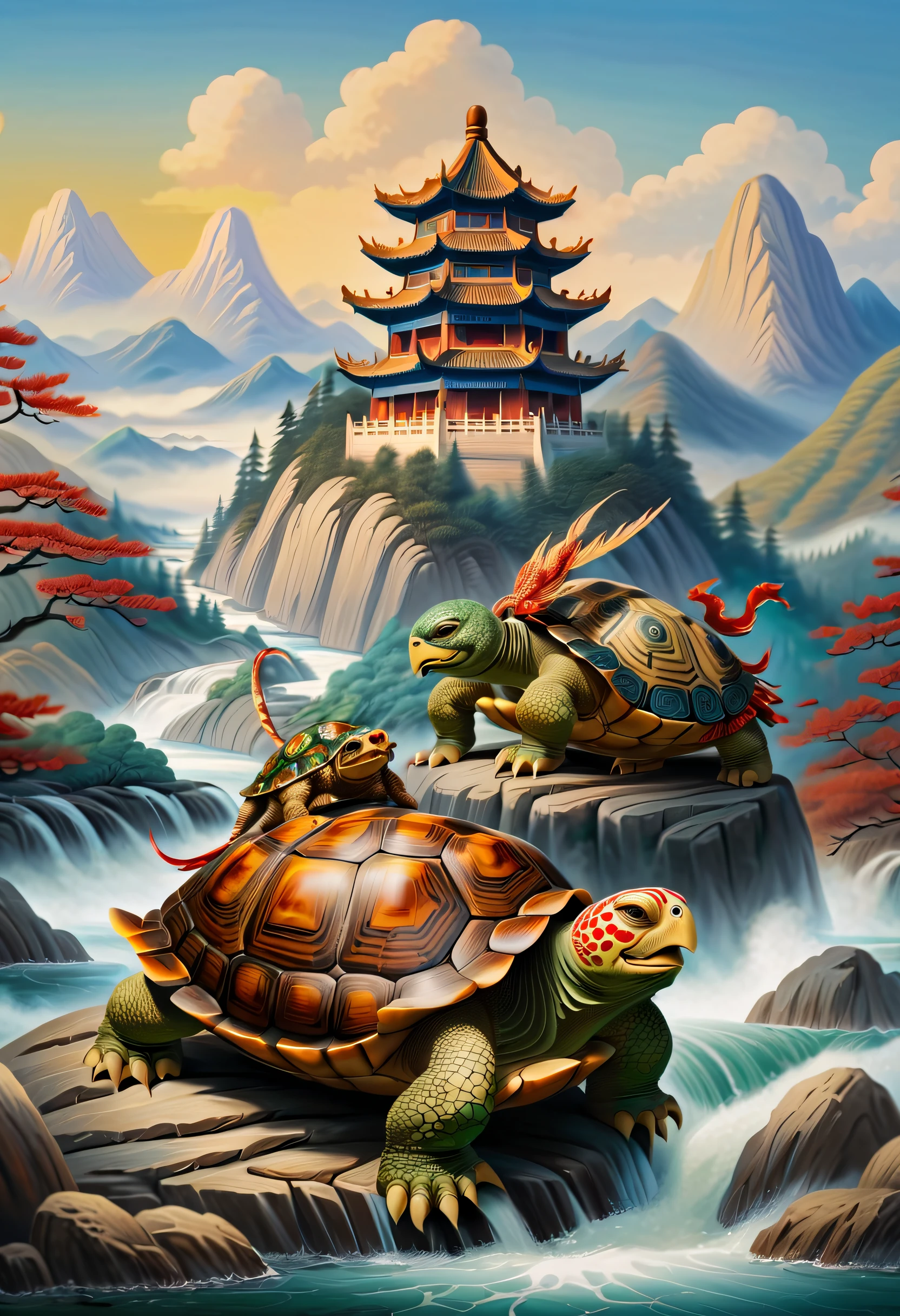 Turtles,Turtle-shell dragon-headed monster,Tortoise shell with Chinese totem,Chinese style,Ancient divine beasts,Mountain and river background