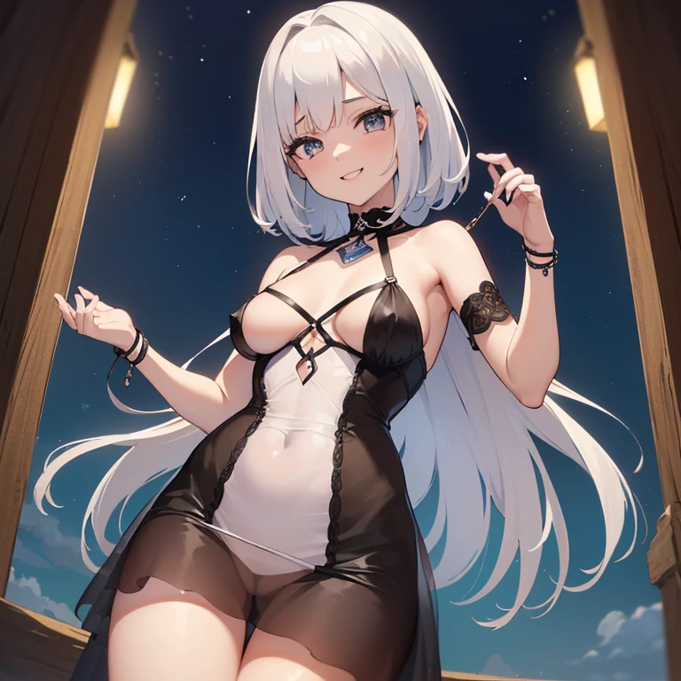 ((mulher com cabelos grisalhos muito curtos e dois rabos de cavalo, olhos vermelhos))((uma mulher gordinha, Mulher pequena, muito pequeno)),((centrado com as pernas abertas em forma de m)),((carregando um prato de cominho)),((cara para o espectador)),((seios gigantes, seios nus, buceta nua, com um vestido transparente)),((rosto sorridente)),((na cozinha de um castelo assombrado, at night)),