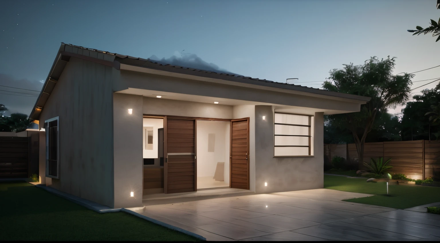 There is a small house with a door and a window, render 3d bem iluminado, Lumion Pro rendering, cinematic quality,night time render, lumion rendering, high-quality render, renderizado no lumion pro, 3 d render mesmo aceso, luxcore render, lumion rendering, award winning render, cinematic outdoor lighting, award winning render, Casa passiva, renderizado em povray