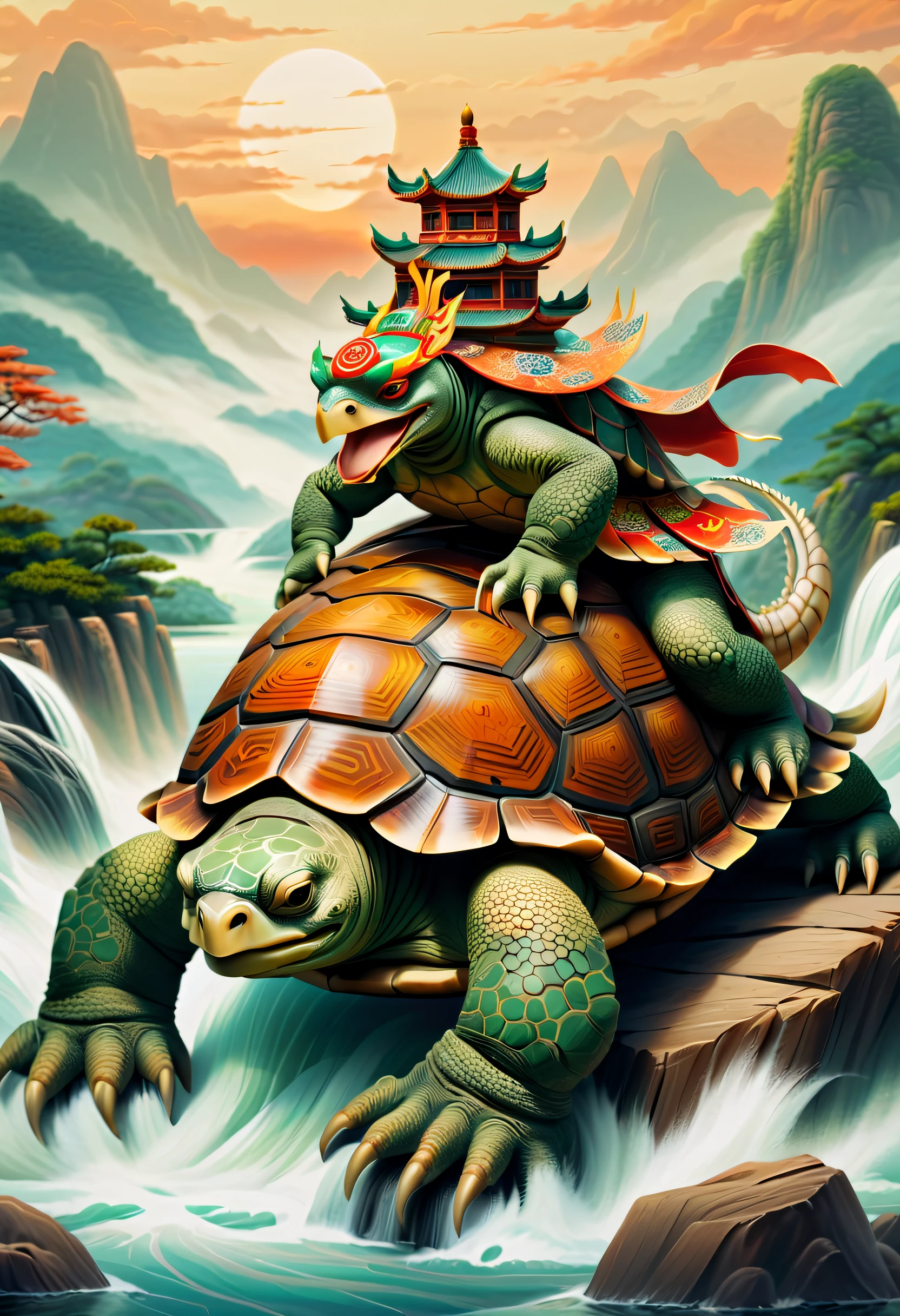 Turtles，Turtle-shell dragon-headed monster，Tortoise shell with Chinese totem，Chinese style，Ancient divine beasts，Mountain and river background