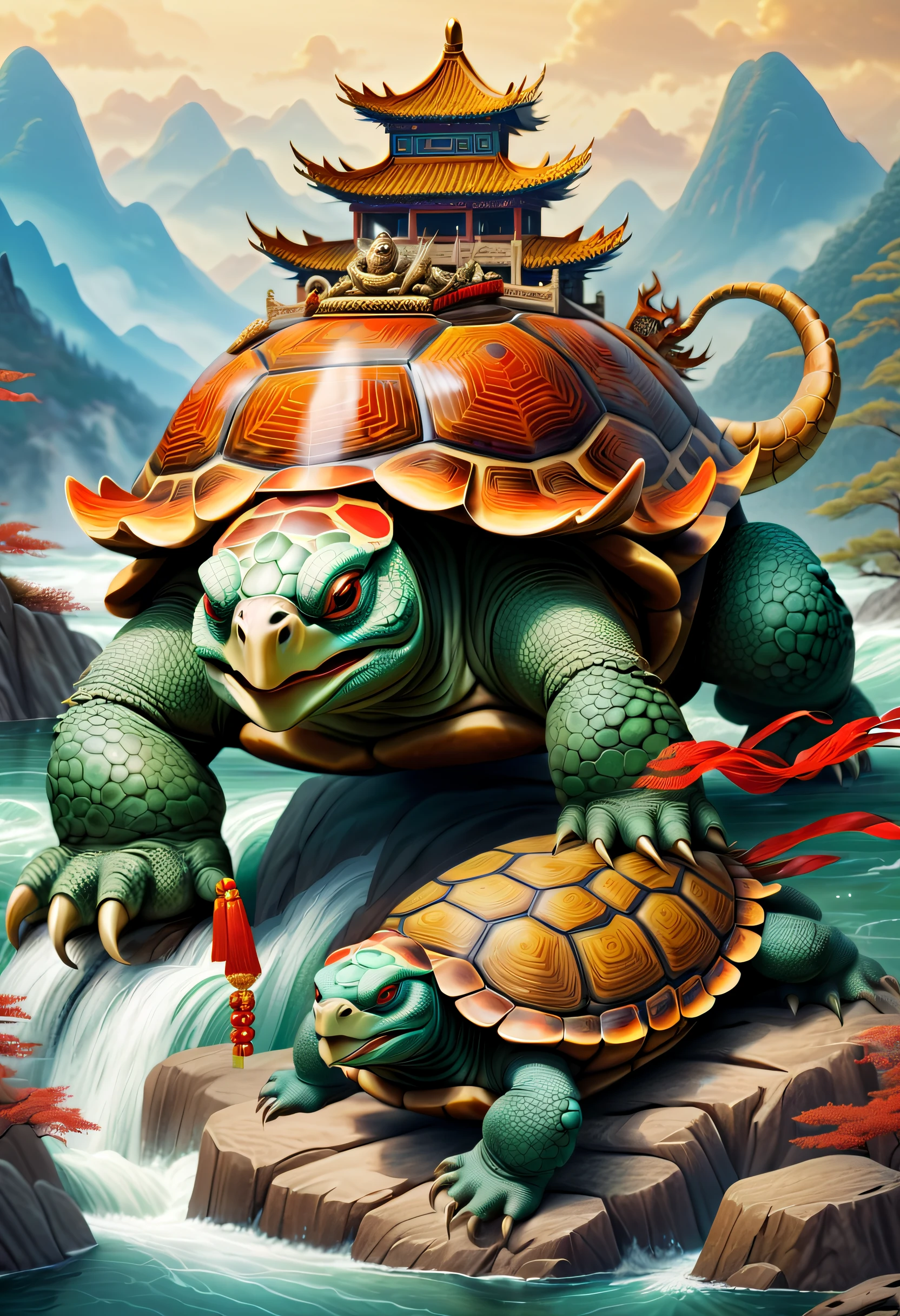 Turtles,Turtle-shell dragon-headed monster,Tortoise shell with Chinese totem,Chinese style,Ancient divine beasts,Mountain and river background