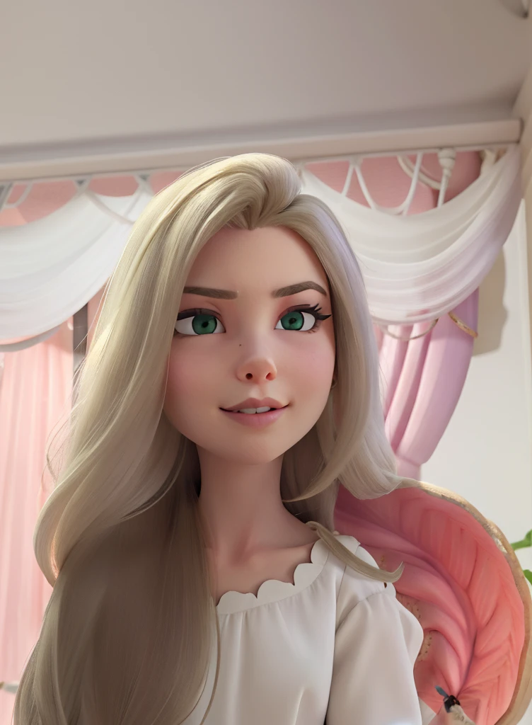 Image repair, coloque cabelos loiros, mulher jovem de olhos verdes, pele macia e jovem, lilac dress. Rapunzel inspiration