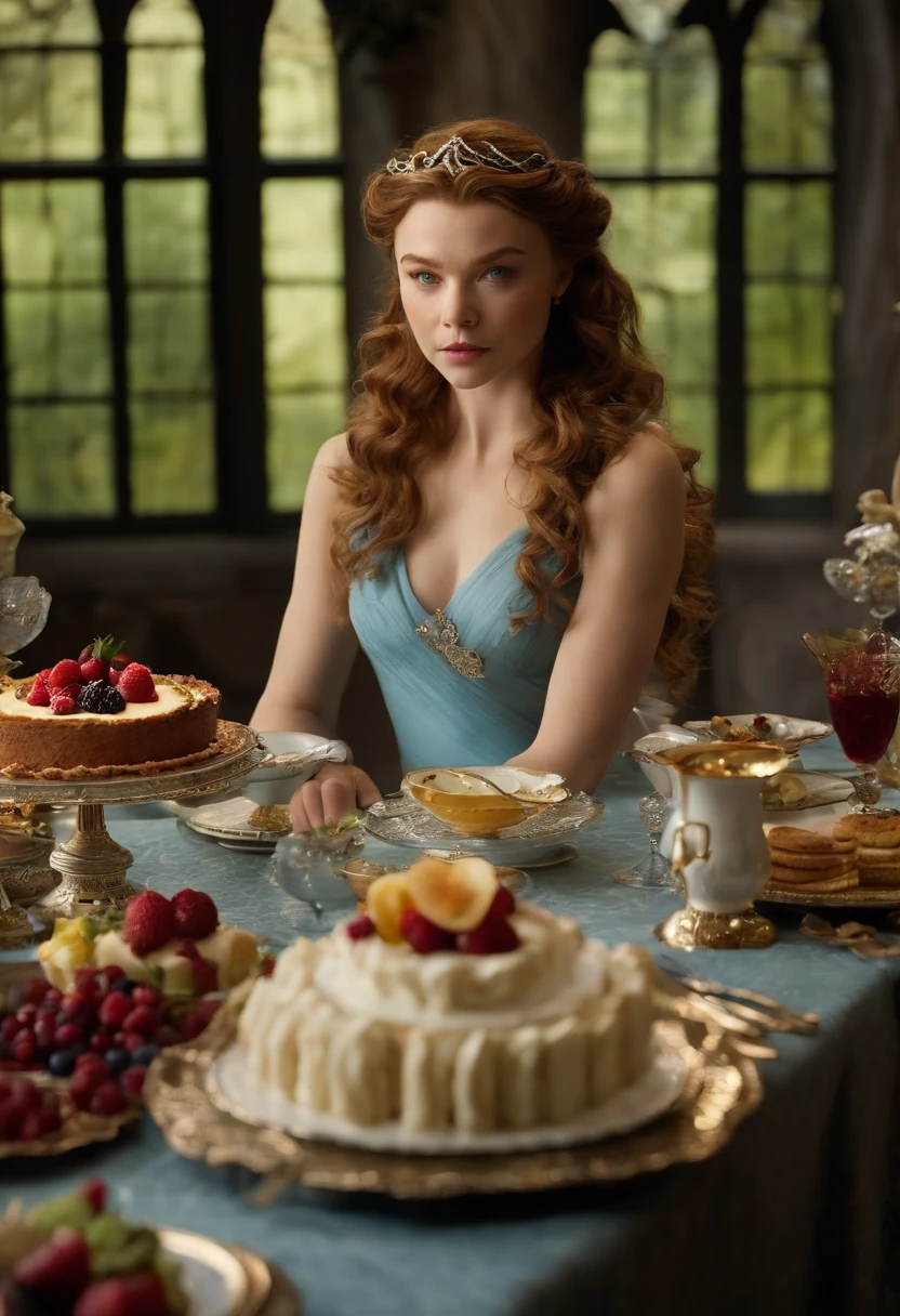 A beautifully set table with fine china, silver cutlery, and a variety of colorful desserts,HBO's Game of Thrones,Margaery is pretty with curly auburn hair, a heart shaped face, green eyes, wears sky blue dresses with gold jewelry, famously portrayed by Natalie Dormer