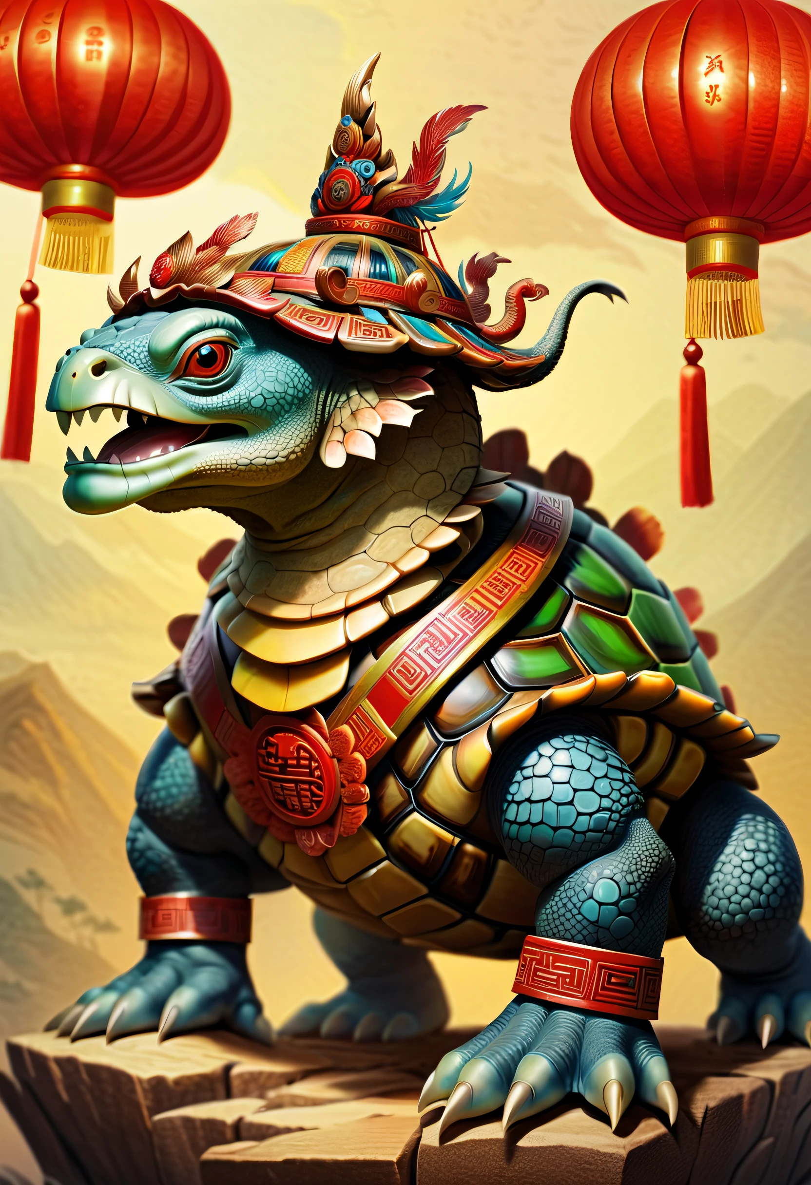 Turtles,Turtle-shell dragon-headed monster,Tortoise shell with Chinese totem,Chinese style,Ancient divine beasts