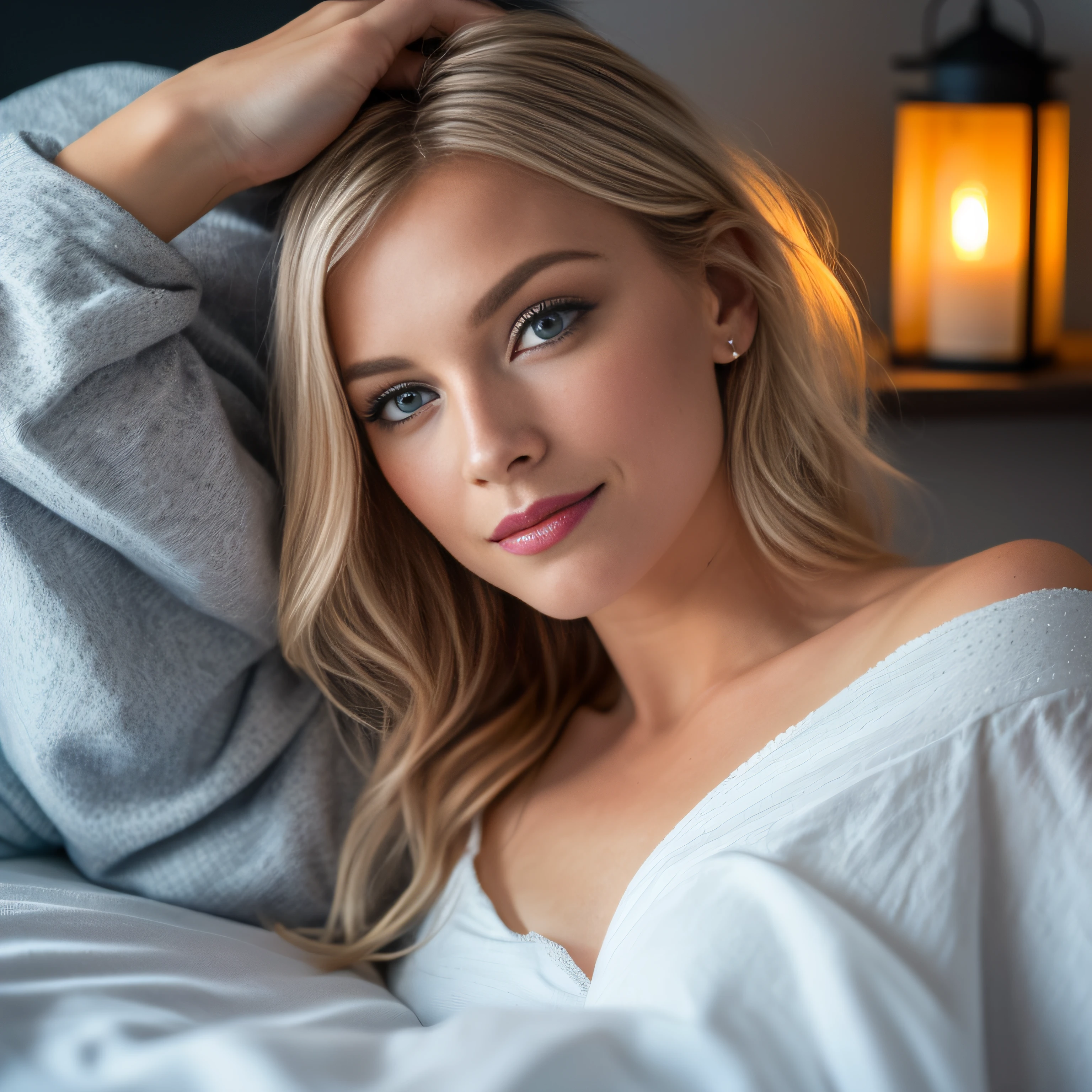 A beautiful blonde girl laying on the bed, smilling, wearing a long white shirt and black underwear. It's nighttime outside, and she's in a hotel room.