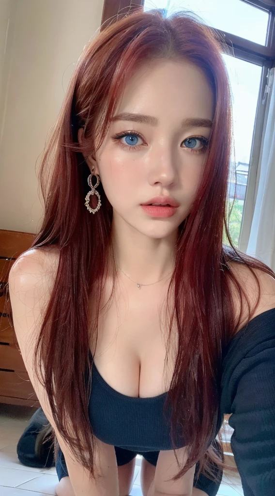 Beautiful handsome woman, ((top quality, 8k, masterpiece:1.3)), pretty woman, 1 woman, huge breasts:1.3, slender figure:1.1, elastic red long hair, (shower, wet body, wet clothes:1.1), very detailed face, detailed lips, detailed BLUE EYES, DETAILED BLUE eyes, double eyelids, Detailed blue eyes, red wet hair, red wet hair, red wet hair, huge earrings, middle sized breasts, Blue eyes, innocent stare at the viewer, wet red curly hair with 2 ponytails, DETAILED BLUE EYES