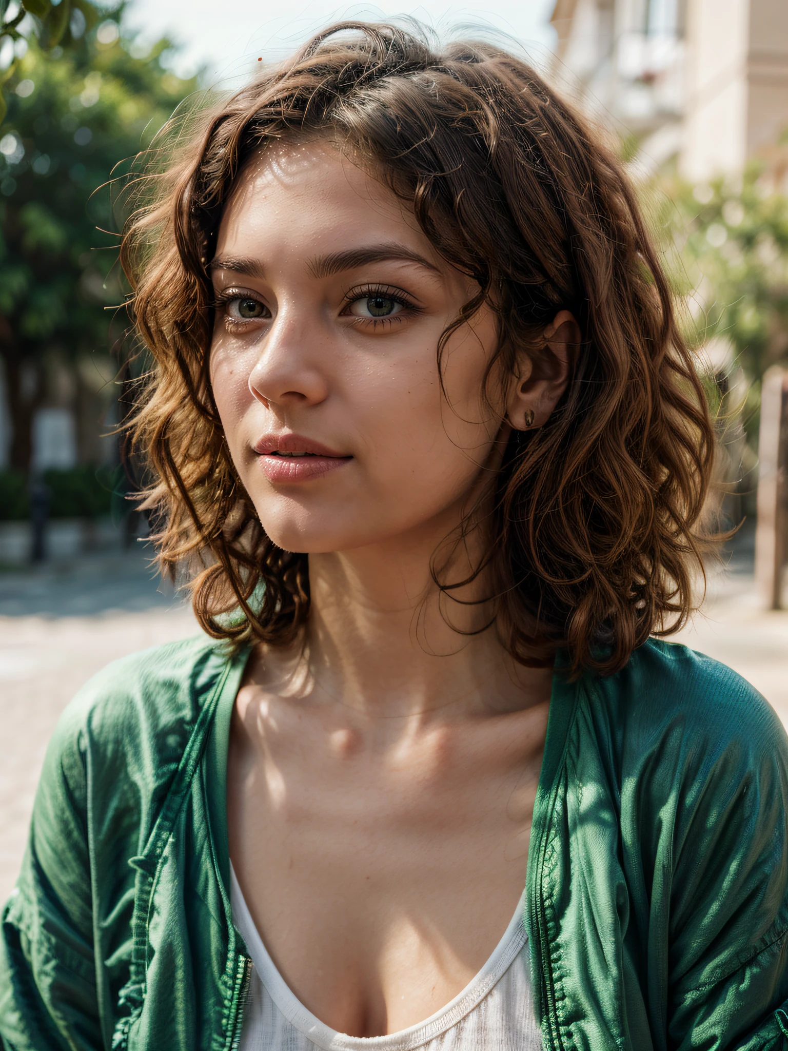 brown eyes, brown solid circle brown eyes, small nose,((((medium and curly hair)))),(medium hair), Mediterranean Caucasian girl, 30 years old, ultra-high resolution.fotorrealistic: 1.4, ((((Enara Aiza)))), highest quality, Ultra-detailed, Fine pores, hyper-realistic, natural pose,black shirt,white light,textured skin, super detail, best quality, UHD, 8k, 4K,medium curly hair,from side, side,green jacket, t-shirt,looking side, green jacket, normal expresion face,sitting,