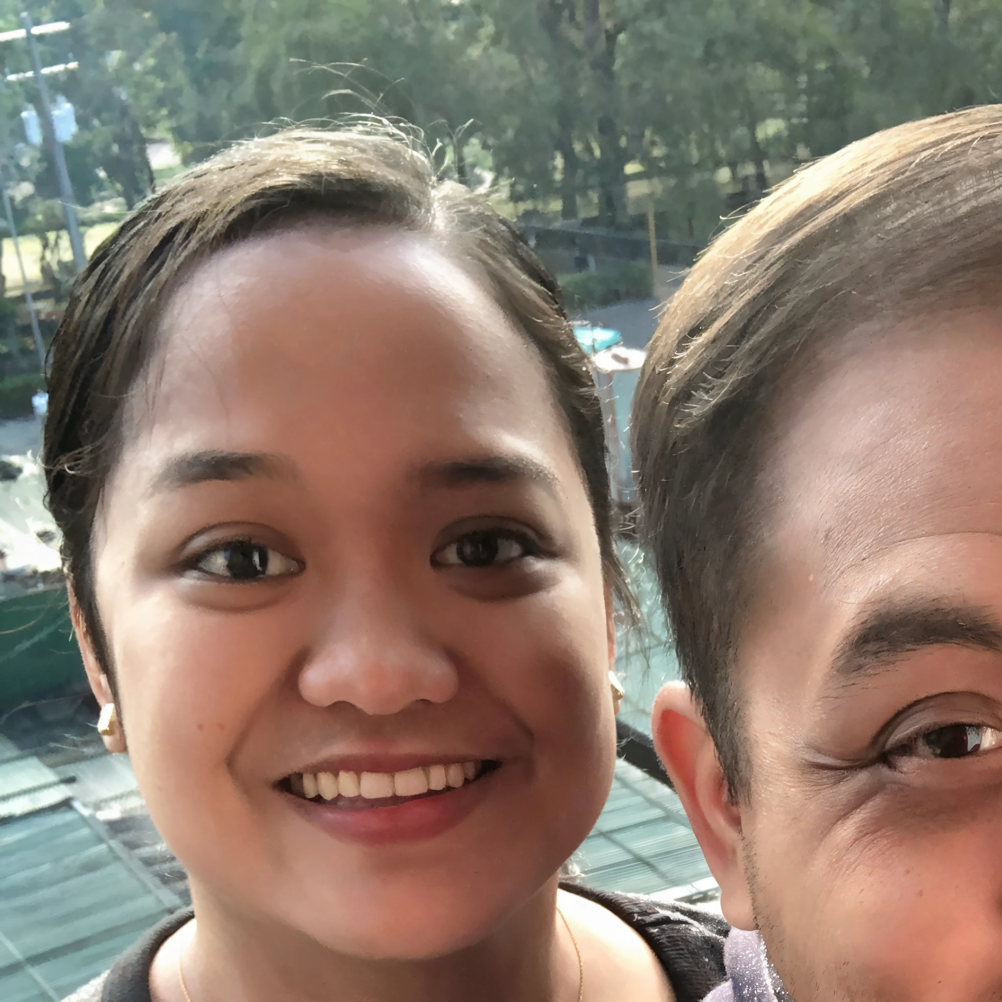 there are two people taking a selfie on a balcony, 8k selfie photograph, tyler edlin and natasha tan, selfie photo, pablo carpio and jordan grimmer, iphone selfie, josan gonzales!!!, selfie shot straight on angle, selfie, taken on go pro hero8, facebook post, with wart, happy couple, momma and papa, coworkers