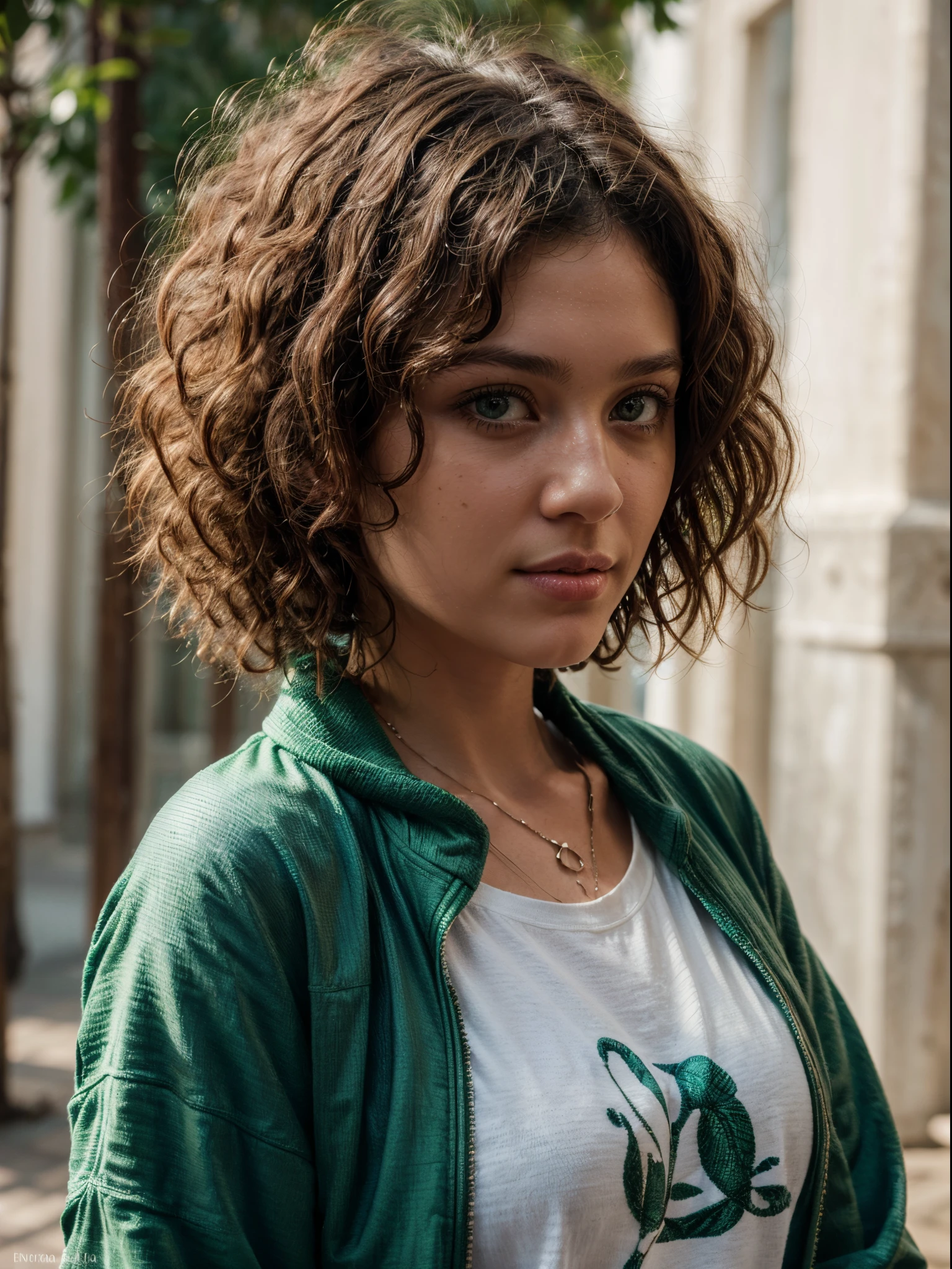 brown eyes, brown solid circle eyes, small nose,((((medium and curly hair)))),(medium hair), Mediterranean Caucasian girl, 30 years old, ultra-high resolution.fotorrealistic: 1.4, ((((Enara Aiza)))), highest quality, Ultra-detailed, Fine pores, hyper-realistic, natural pose,black shirt,white light,textured skin, super detail, best quality, UHD, 8k, 4K,medium curly hair,from side, side,green jacket, t-shirt,looking side, green jacket, normal expresion face,
