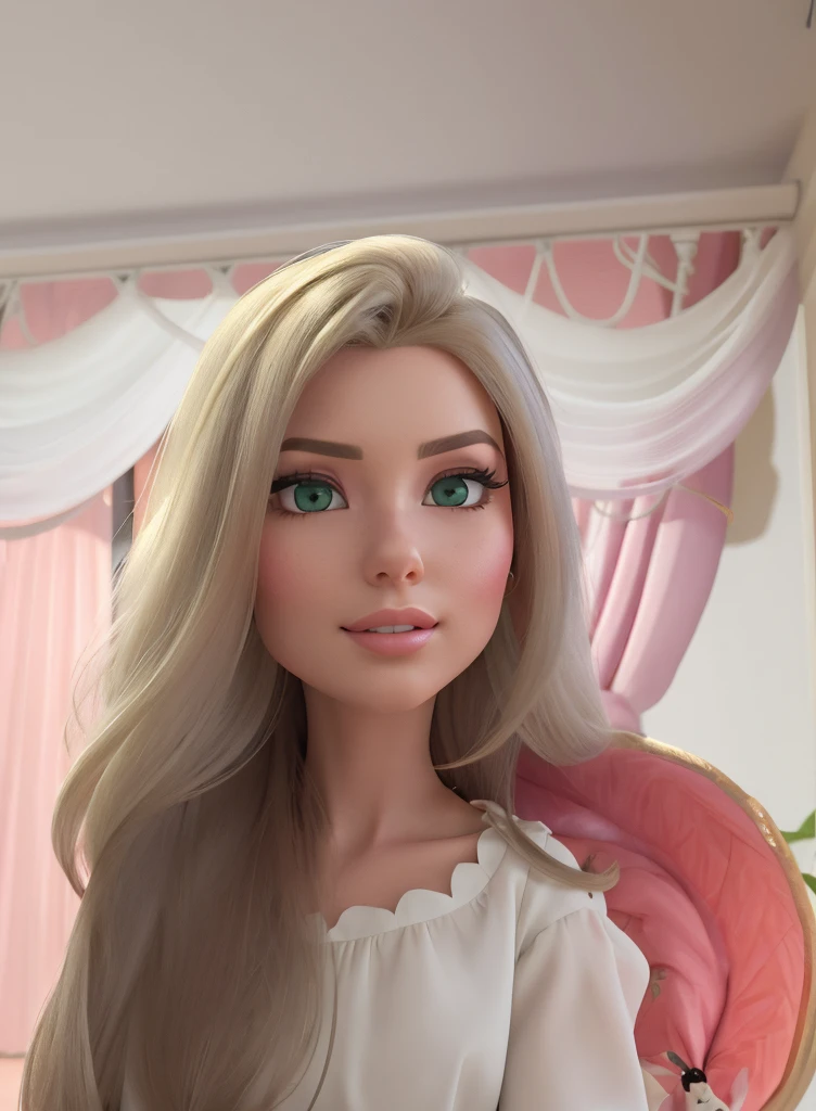 Araffe com longos cabelos loiros e olhos verdes em uma cadeira rosa, foto retrato suave 8 k, Estilo anime 3D realista, render de abril, anime barbie em branco, Disney fotorrealista, Personagem de close up, anime estilo 3d, Personagem 3d realista, estilo de arte realista, in style of disney animation, Anime Barbie em meias brancas