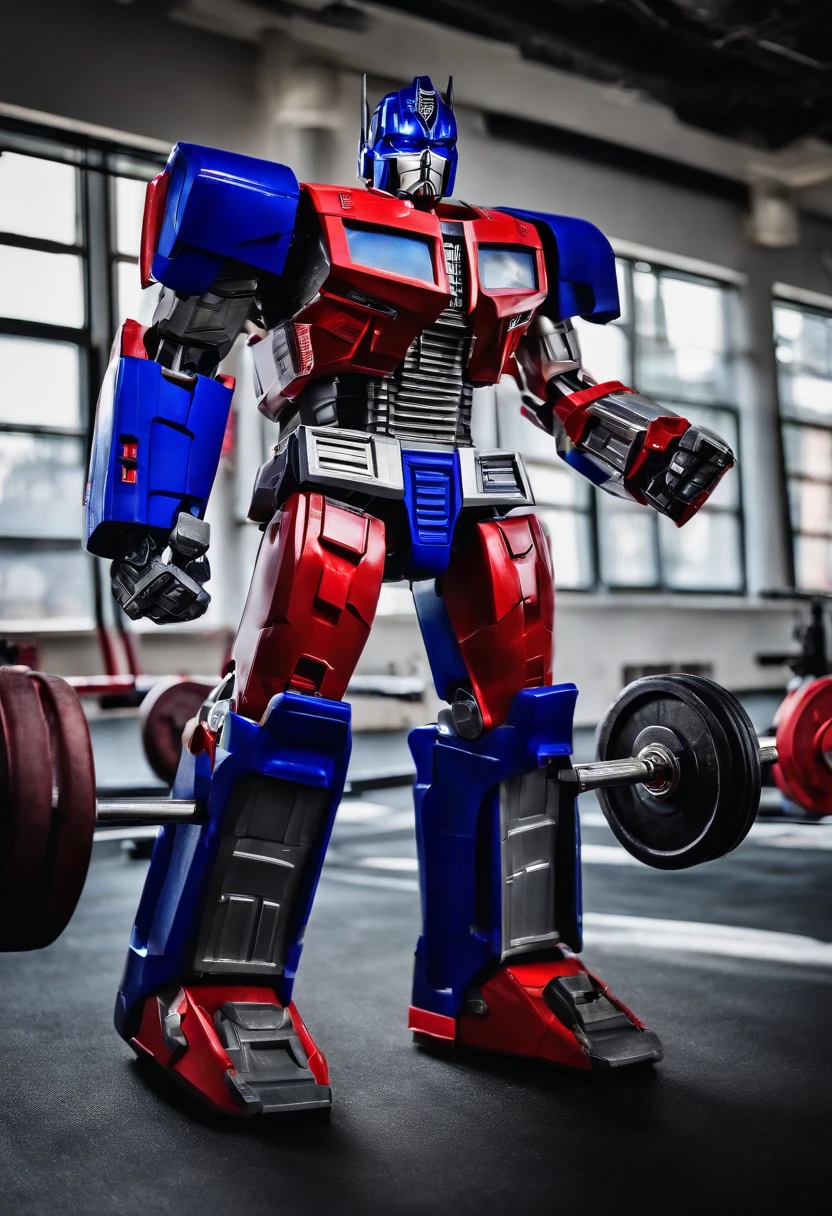 A photo of Optimus Prime leading an energizing Saturday morning workout for the Autobots, surrounded by energon-infused workout equipment,Transformers franchise,optimus prime