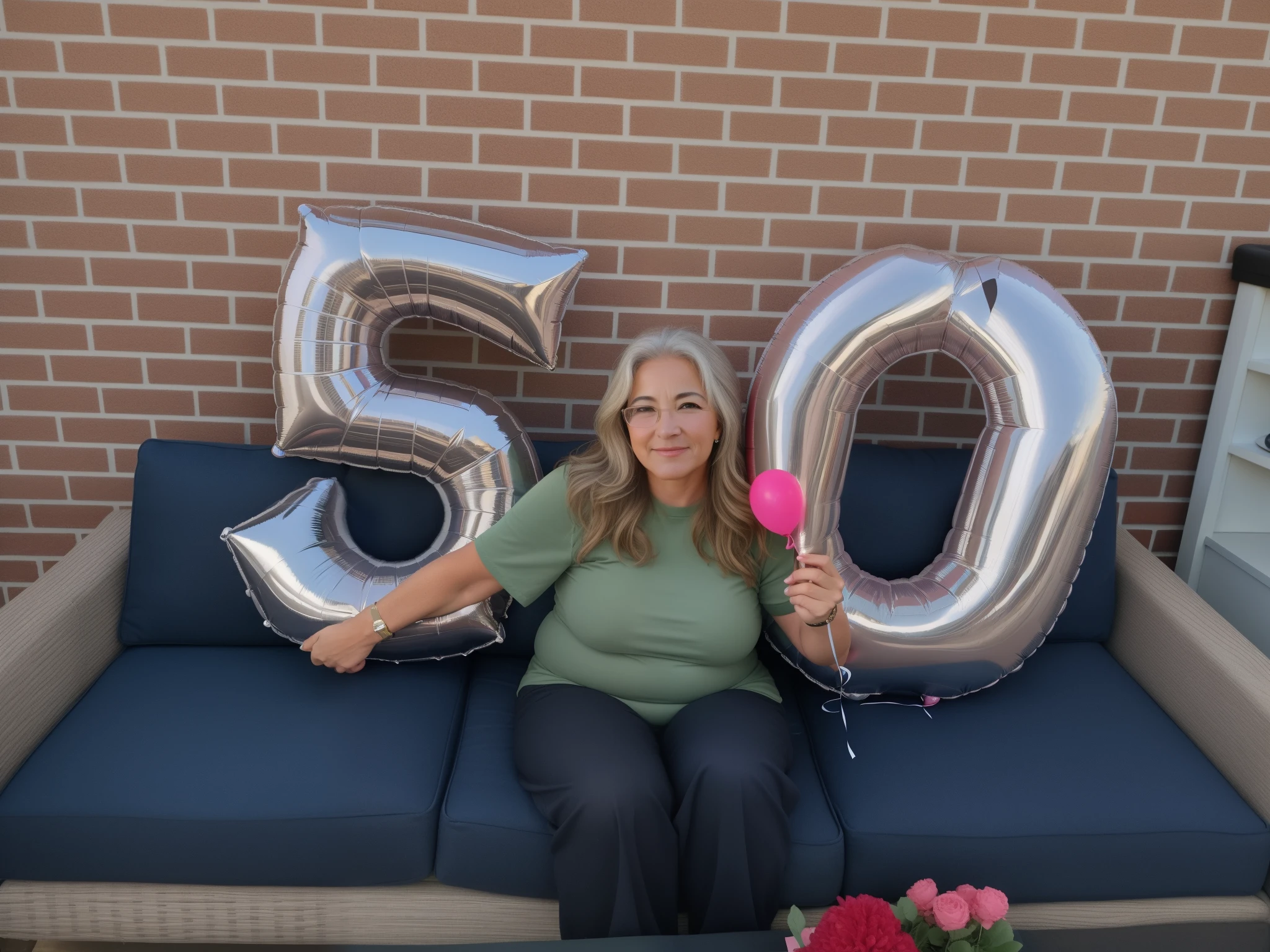 woman sitting on a couch with balloons and a number 50 balloon, 5 0 years old, 50 years old, she is about 50 years old, he is about 50 years old, he is about 5 0 years old, profile image, she is about 6 0 years old, photo taken with canon 5d, by Matt Cavotta
