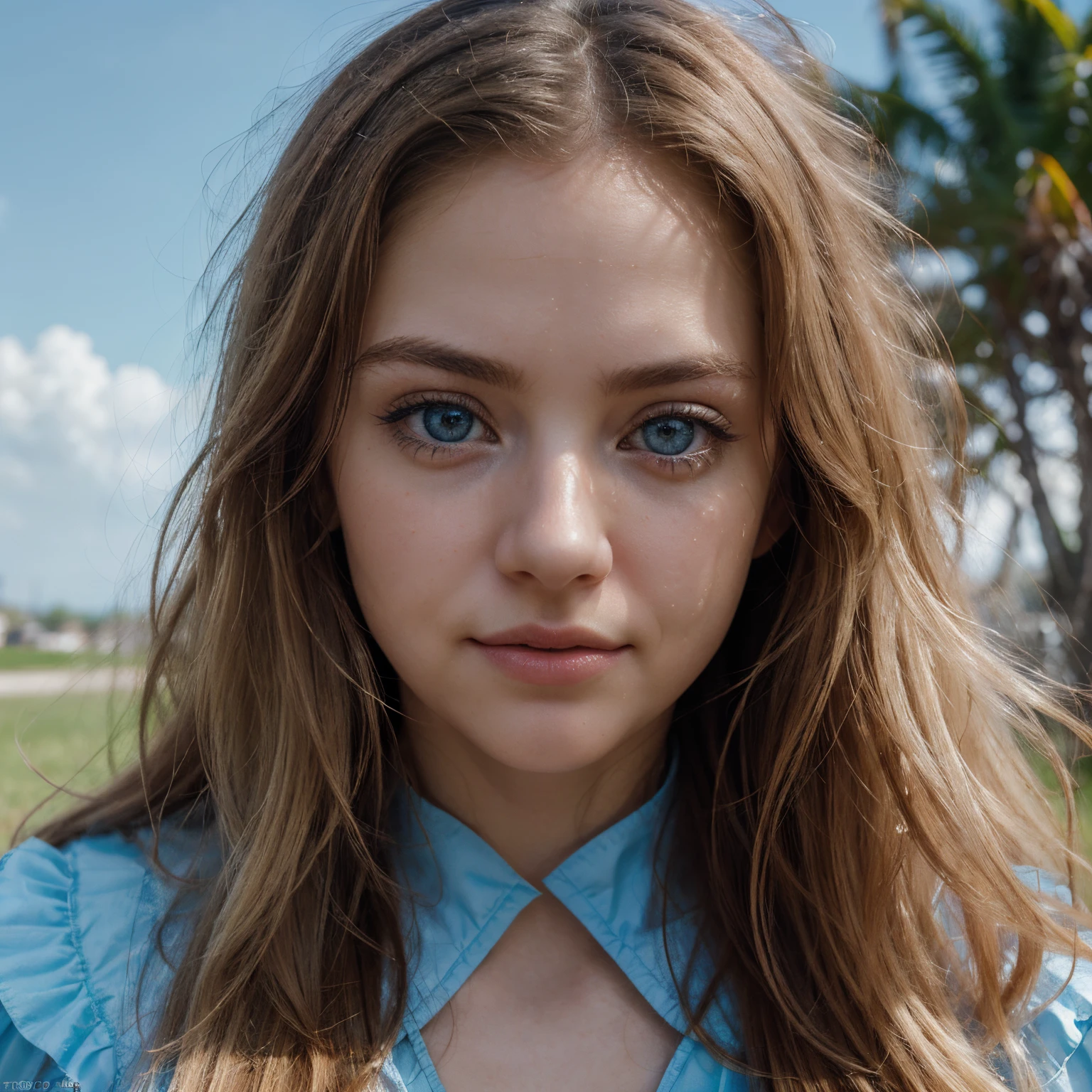 (realistic, photo-realistic:1.4),(8k, RAW photo, best quality, masterpiece:1.2), cute, ultra-detailed,heart-shaped pupils, physically-based rendering, ultra high res, kodakvision color, shot on Arricam LT Camera, bokeh, sharp focus, looking at viewer, photorealistic,realistic, solo, photorealistic, best quality,extremely detailed face,extremely detailed eyes and face, (blond girl,) clear eyes, beautiful detailed eyes,absurdres, incredibly absurdres,haunting smile,Messy hair, floating hair, round blue big eyes, clear big eyes, moist red lips, sweet, blue sky and white clouds, sunshine, (dreamy atmosphere+Soft lighting),(1 character),(Mysterious expression+Elegant poses),(loose hair+bright eyes),(blue-red magic costume+delicate details)).
