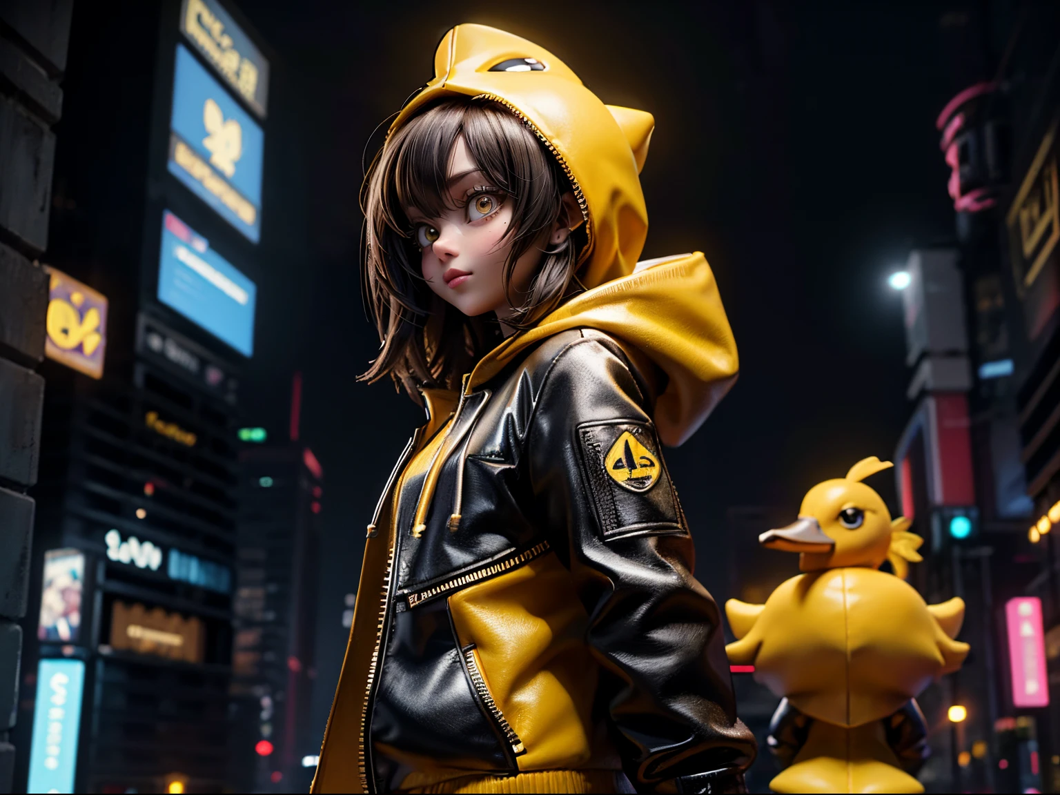 cute cartoon girl walking , He is wearing a hood with a cute yellow duck face on it.., yellow leather suit, Cyberpunk Future City, deep in the night, profile view