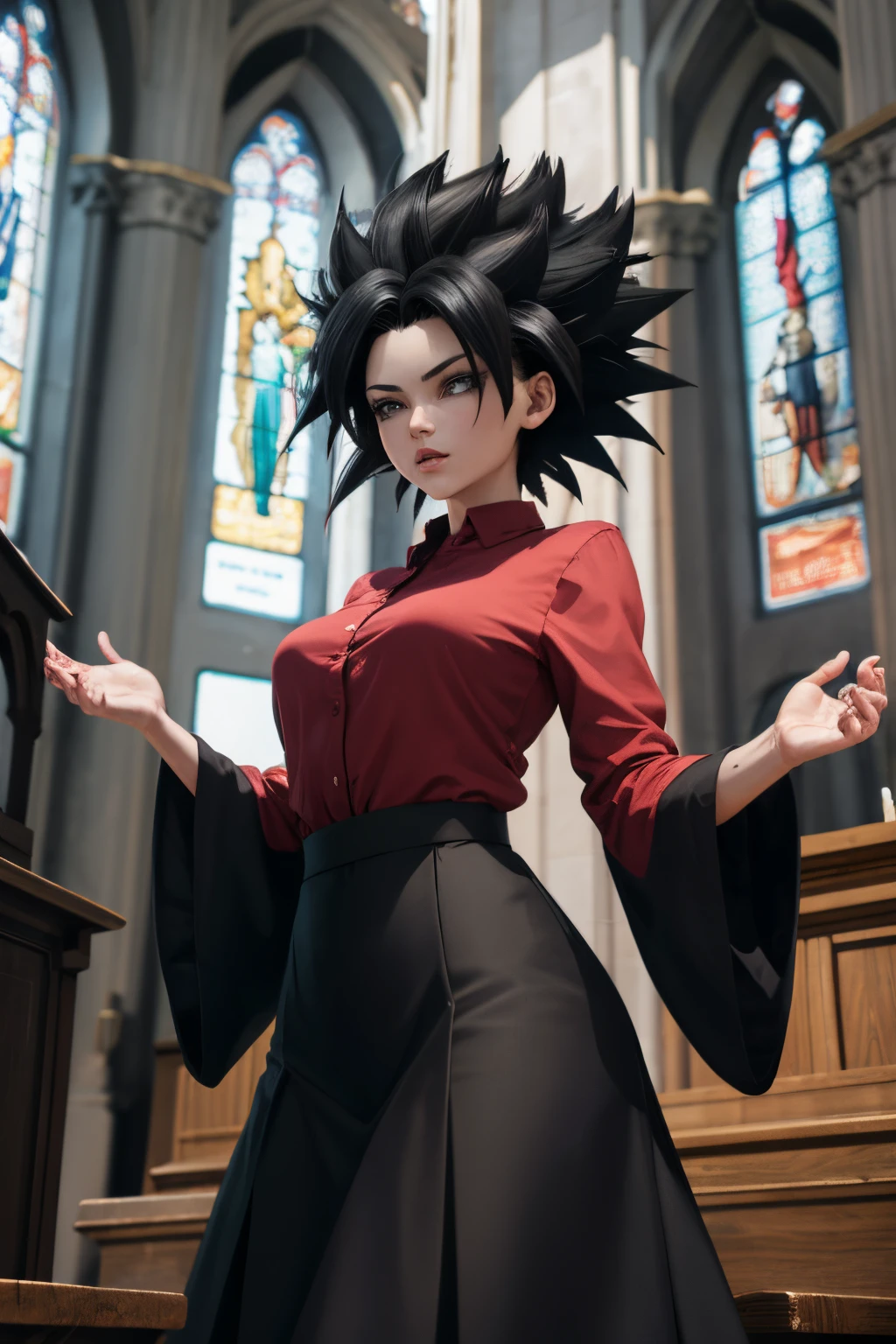 masterpiece, best quality, ssjcaulifla, black hair, water eyes, red blouse, wide sleeves, long flowered skirt, in the church, near the Christian altar