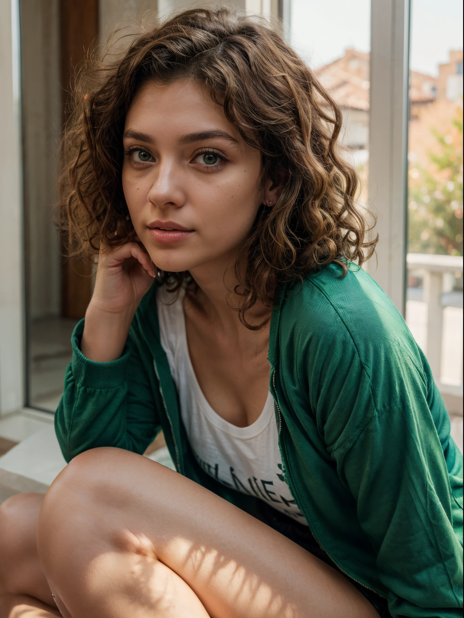 brown eyes, brown solid circle brown eyes, small nose,((((medium and curly hair)))),(medium hair), Mediterranean Caucasian girl, 30 years old, ultra-high resolution.fotorrealistic: 1.4, ((((Enara Aiza)))), highest quality, Ultra-detailed, Fine pores, hyper-realistic, natural pose,black shirt,white light,textured skin, super detail, best quality, UHD, 8k, 4K,medium curly hair,from side, side,green jacket, t-shirt,looking side, green jacket, normal expresion face,sitting,remote camera