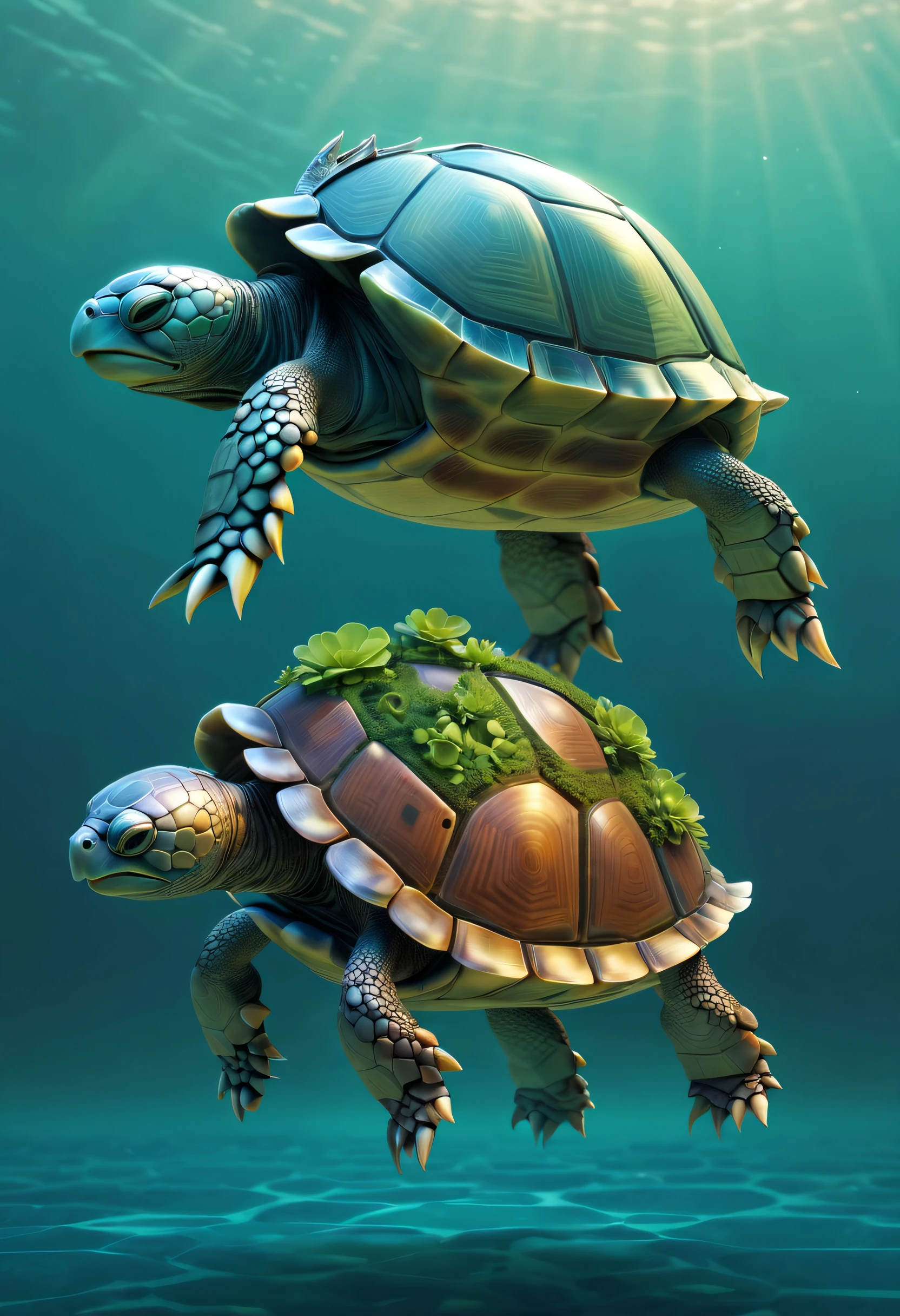 Big beetle in the sea,There are Chinese totems on the tortoise shell, future turtle, carapace, metal turtle, Mechanical Turtle Hero, as a sci-fi turtle, transparent carapace, standing turtle monster, Isometric 3d fantasy turtle, turtle shell, stylized 3d render